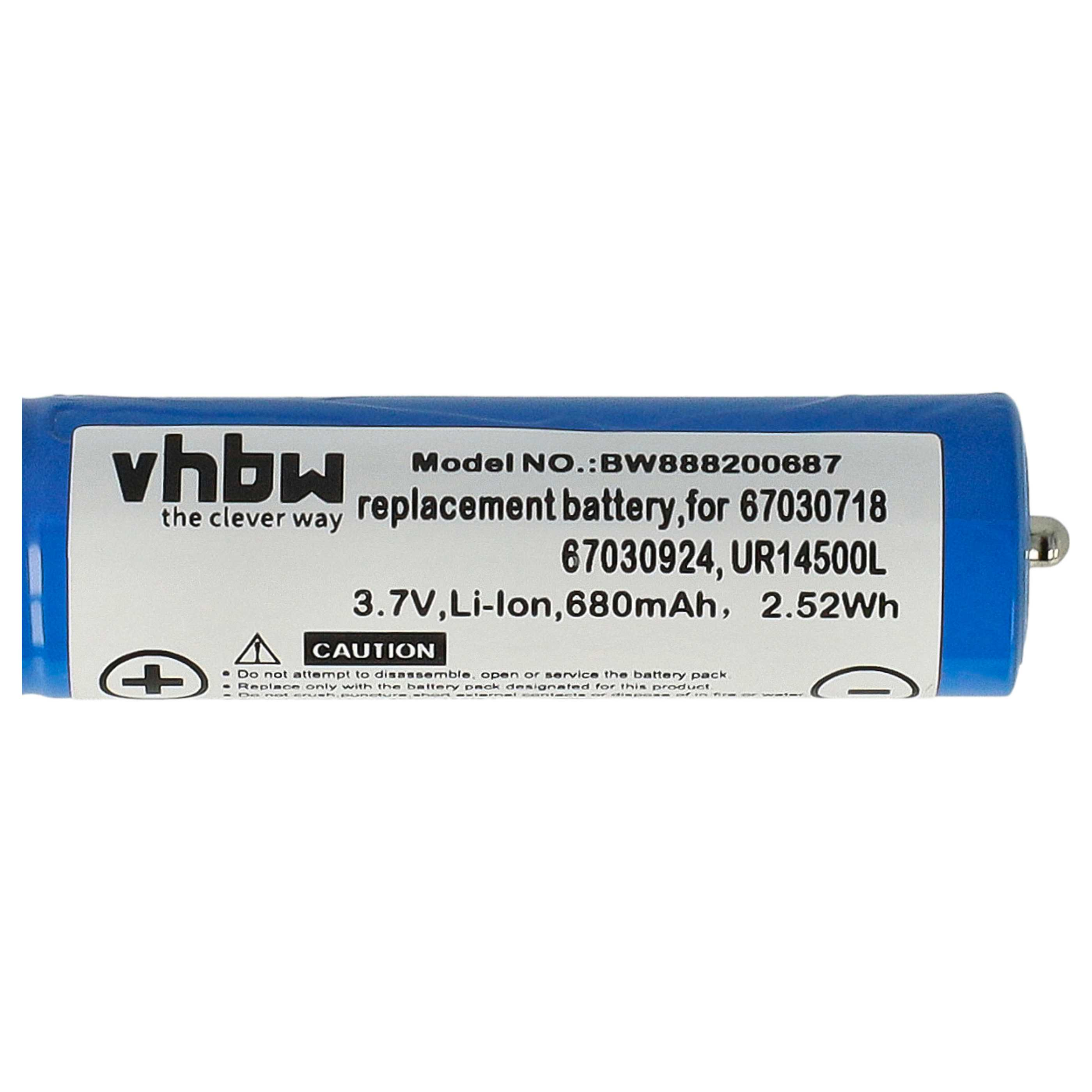 Eine blaue Batterie mit weißem Etikett. Das Etikett hat Text und ein Plus- und Minuszeichen. Es steht: Ersatzbatterie.