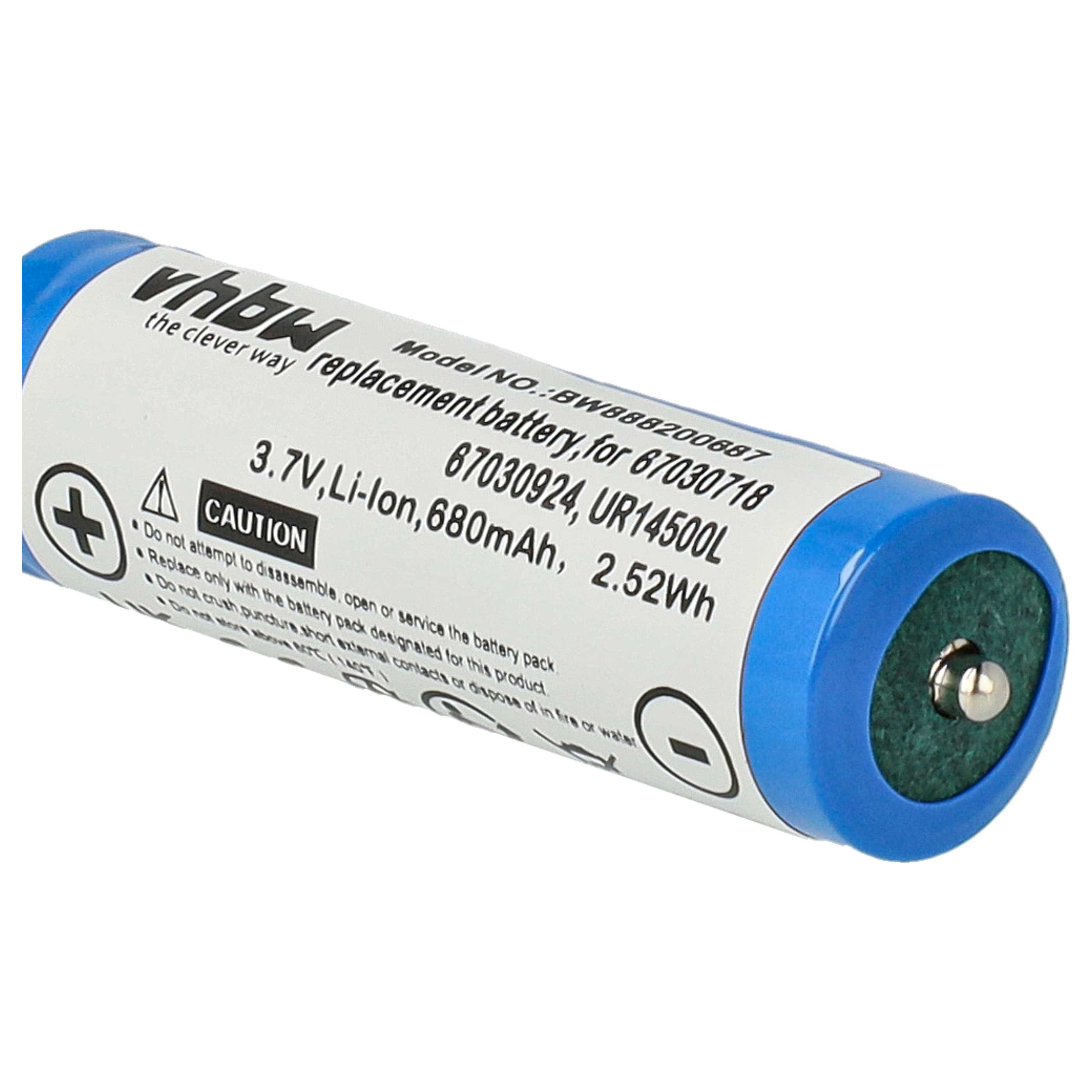 Eine zylindrische Batterie mit blauem Deckel und Boden. Der Text enthält Modell- und Warnhinweise. Die Batterie befindet sich auf weißem Hintergrund.