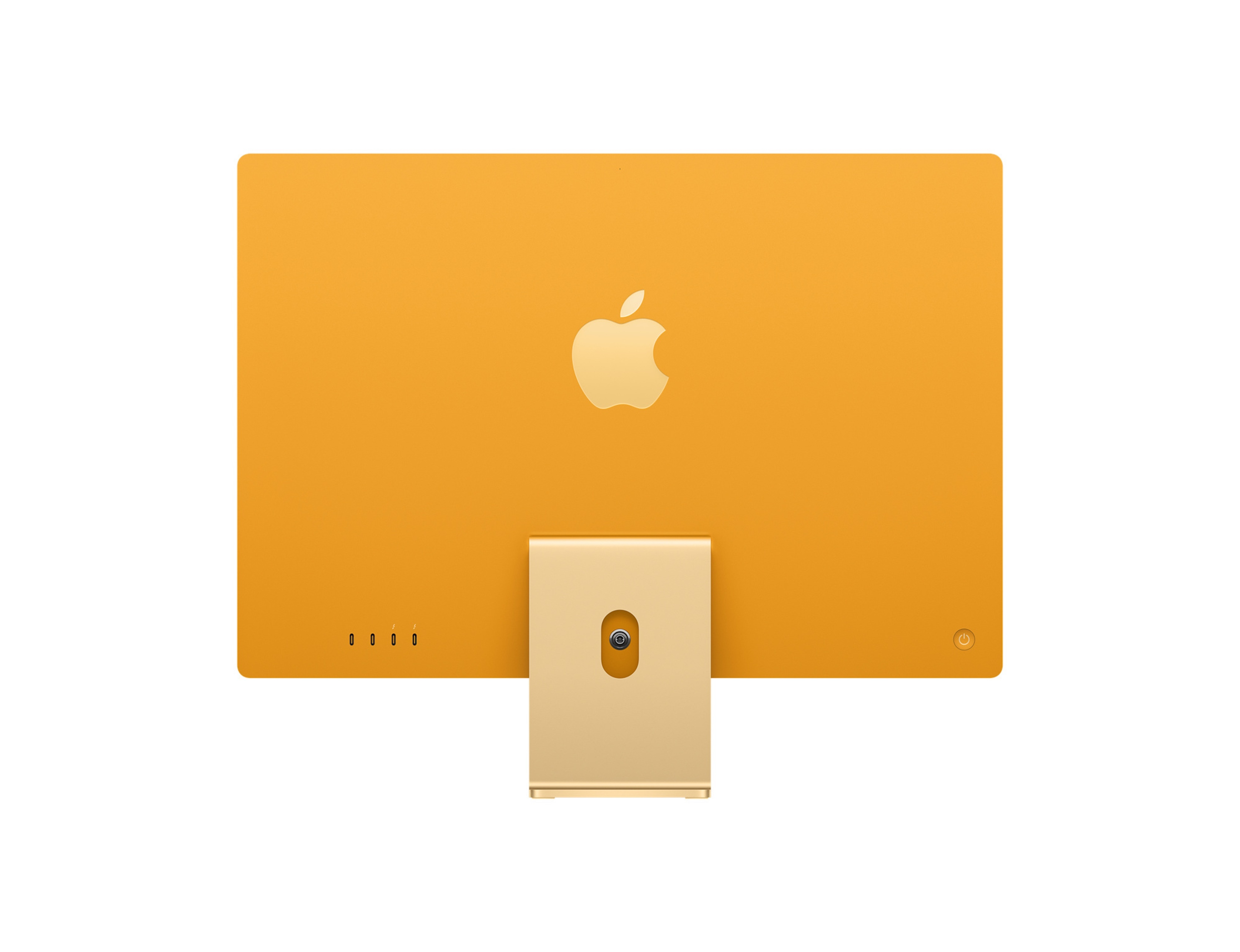 Widok z tyłu pomarańczowego iMaca. Posiada złote logo Apple, podstawę i porty.