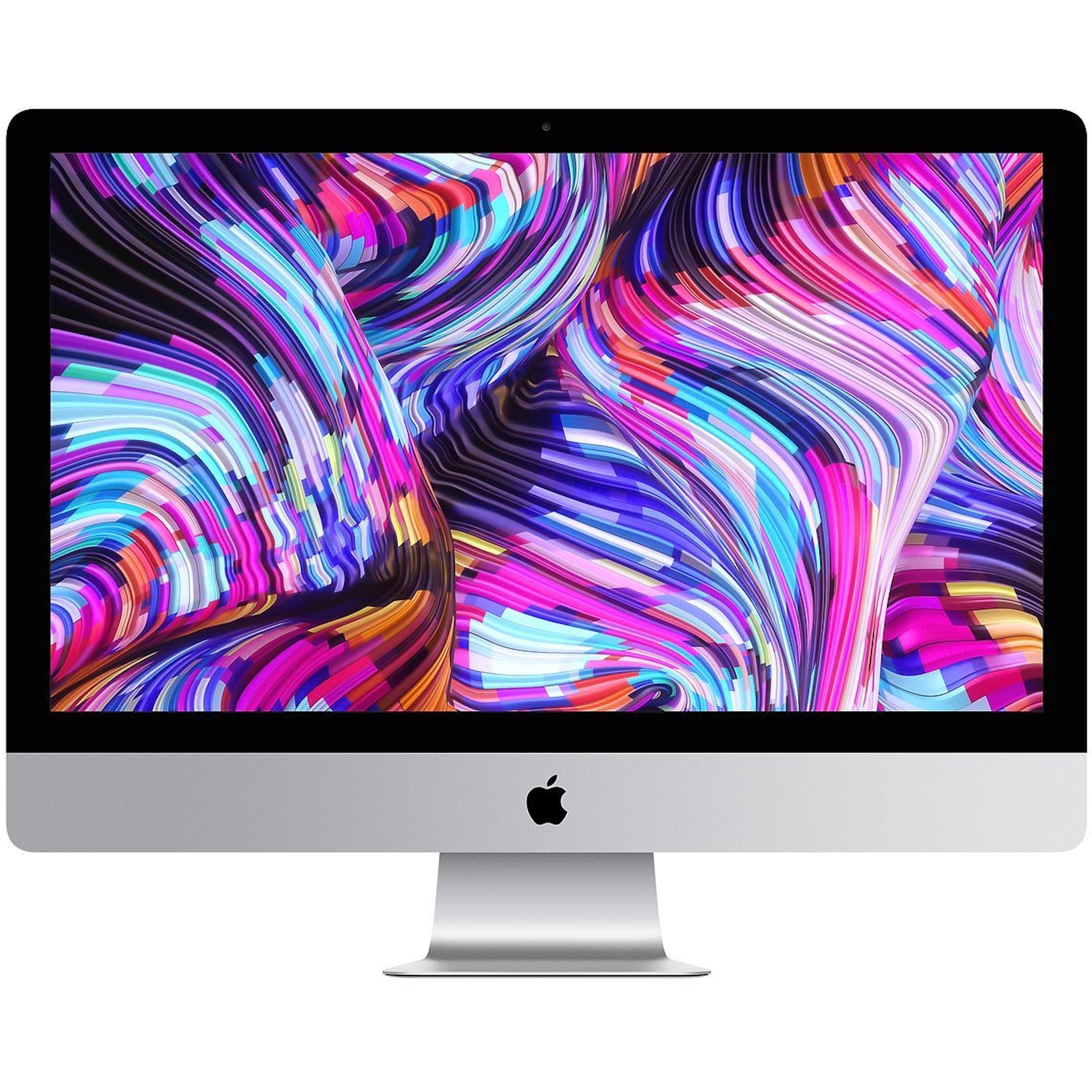 Komputer Apple iMac. Ekran wyświetla kolorowy, abstrakcyjny wzór. Komputer jest srebrny z czarną obwódką ekranu.