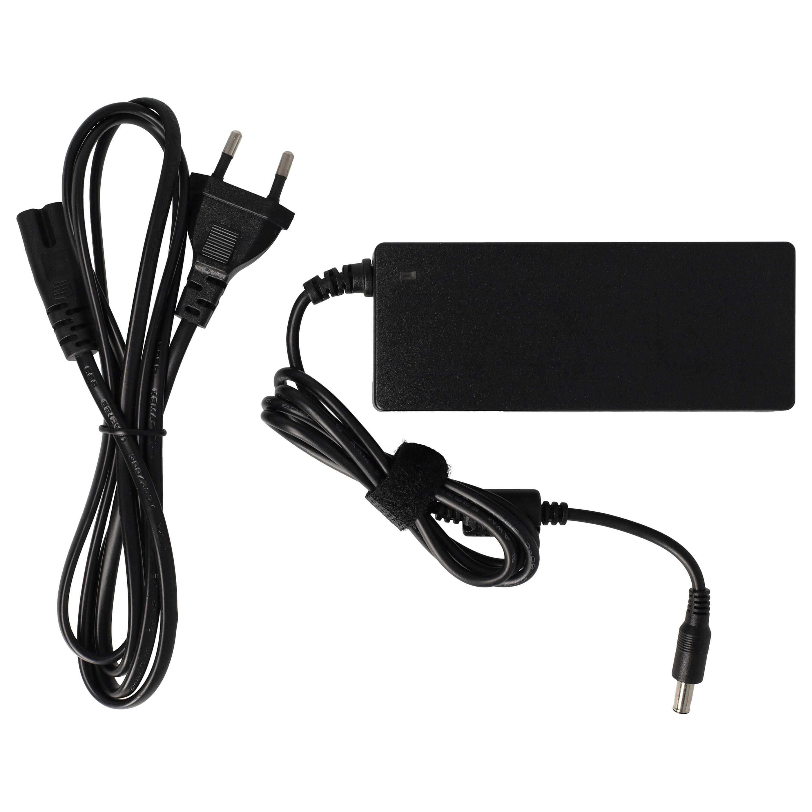 Schwarzes Laptop-Netzteil auf weißem Hintergrund. Enthält Netzteil, Kabel und Stecker. Verschiedene Kabel und Anschlüsse sind abgebildet.