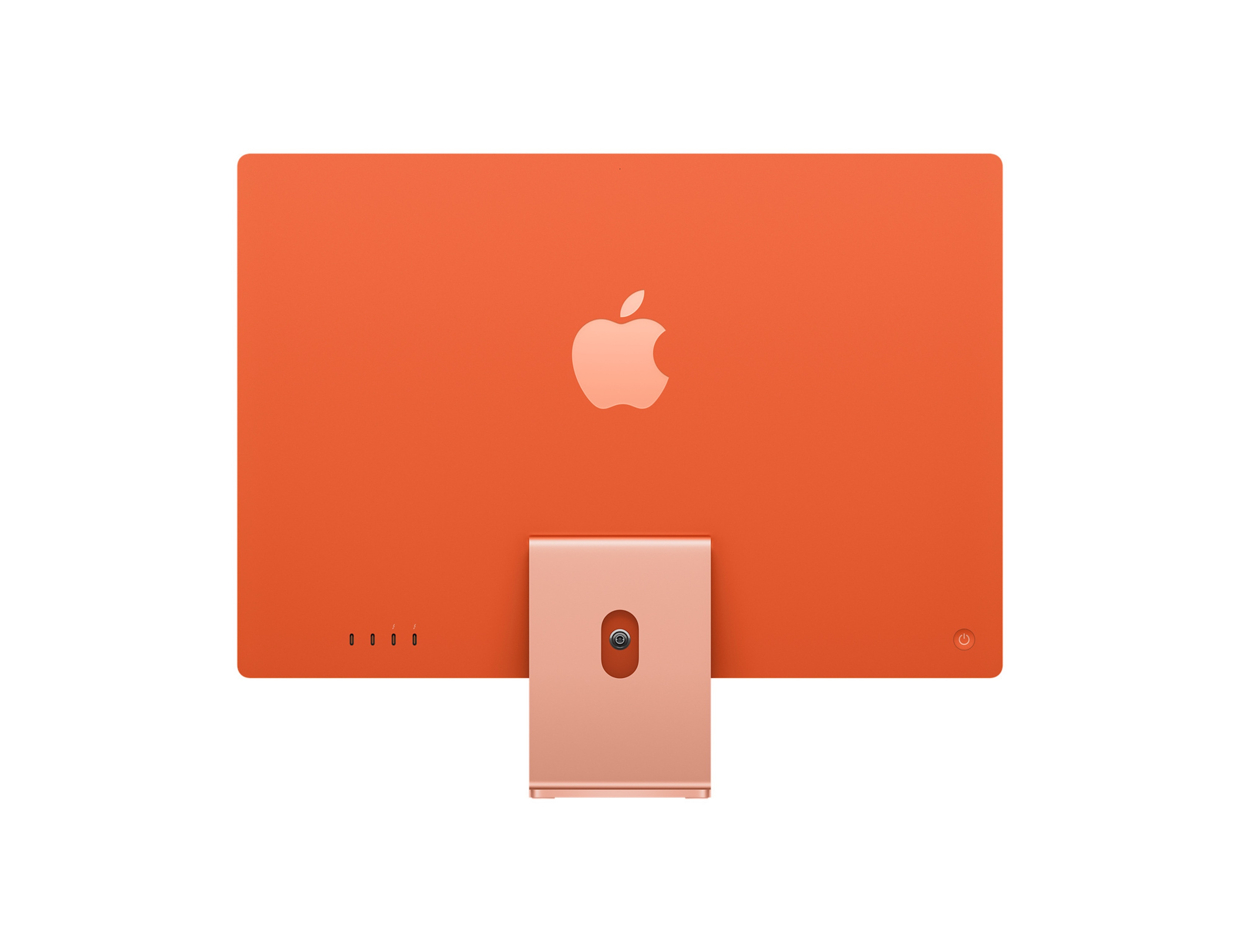 Widok z tyłu pomarańczowego iMaca. Logo Apple jest wyśrodkowane. Stojak podtrzymuje ekran, z portami i przyciskiem zasilania.