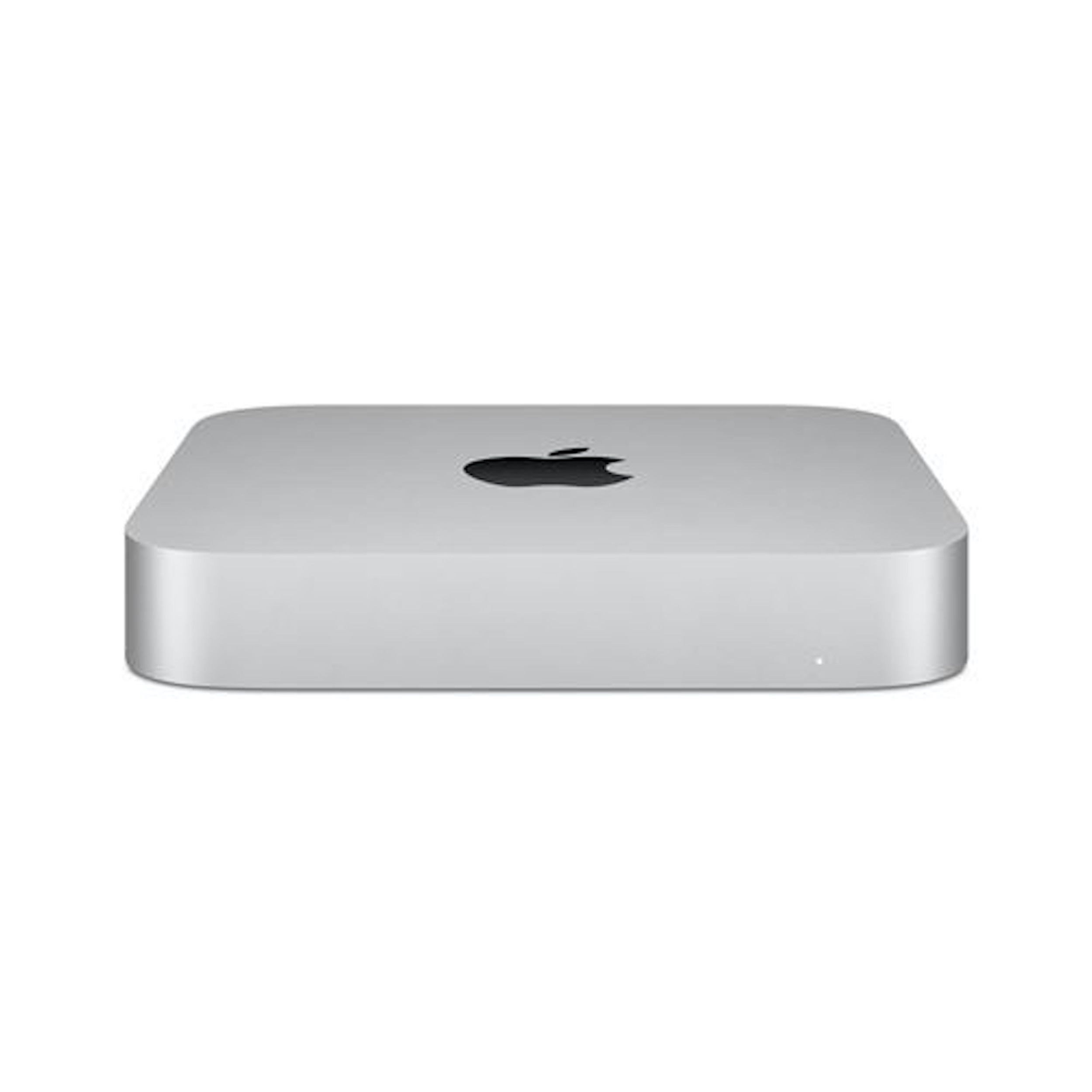 Srebrny komputer Apple Mac Mini na białym tle. Logo Apple jest wyśrodkowane na górze.