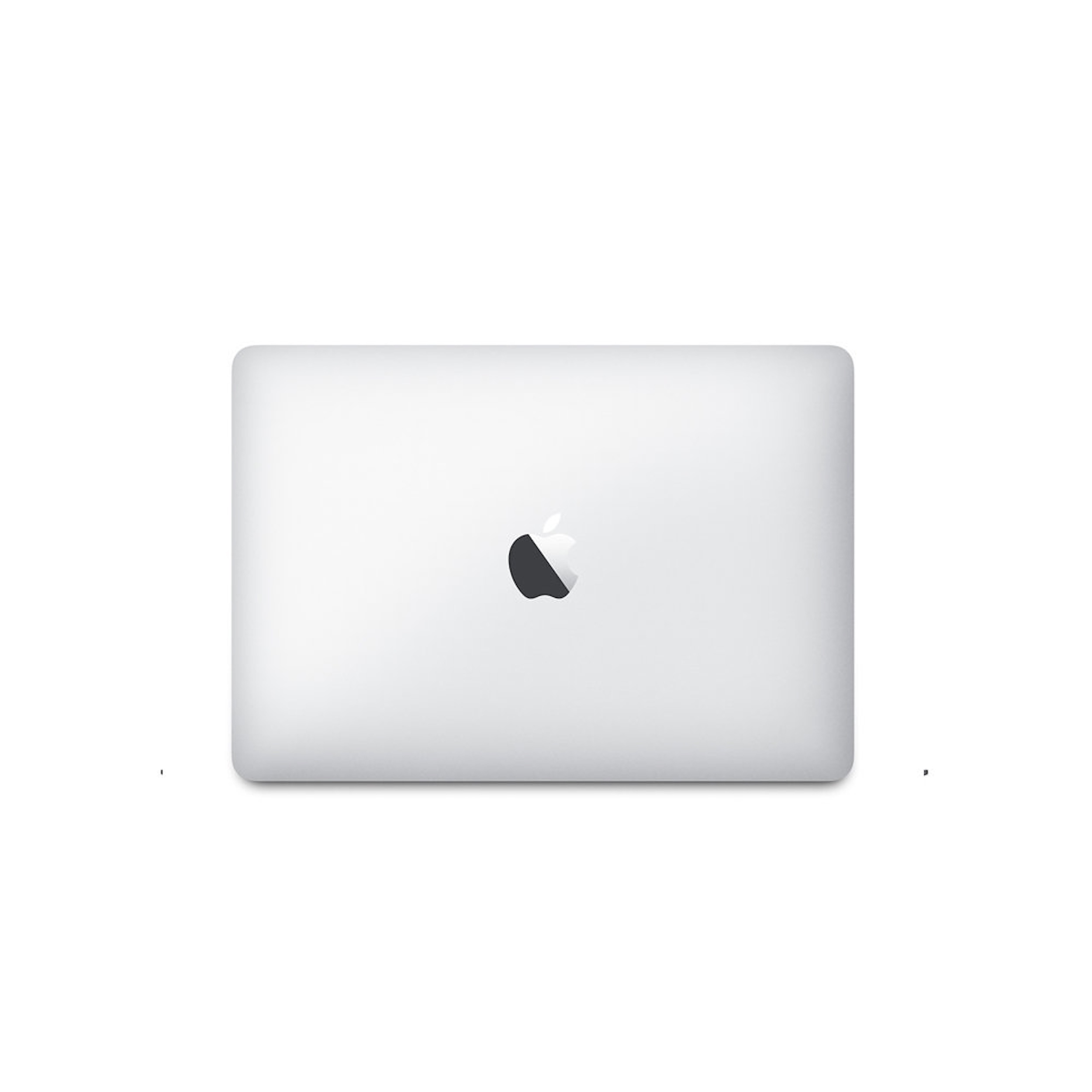 Srebrny laptop z logo Apple pośrodku. Tło jest białe.