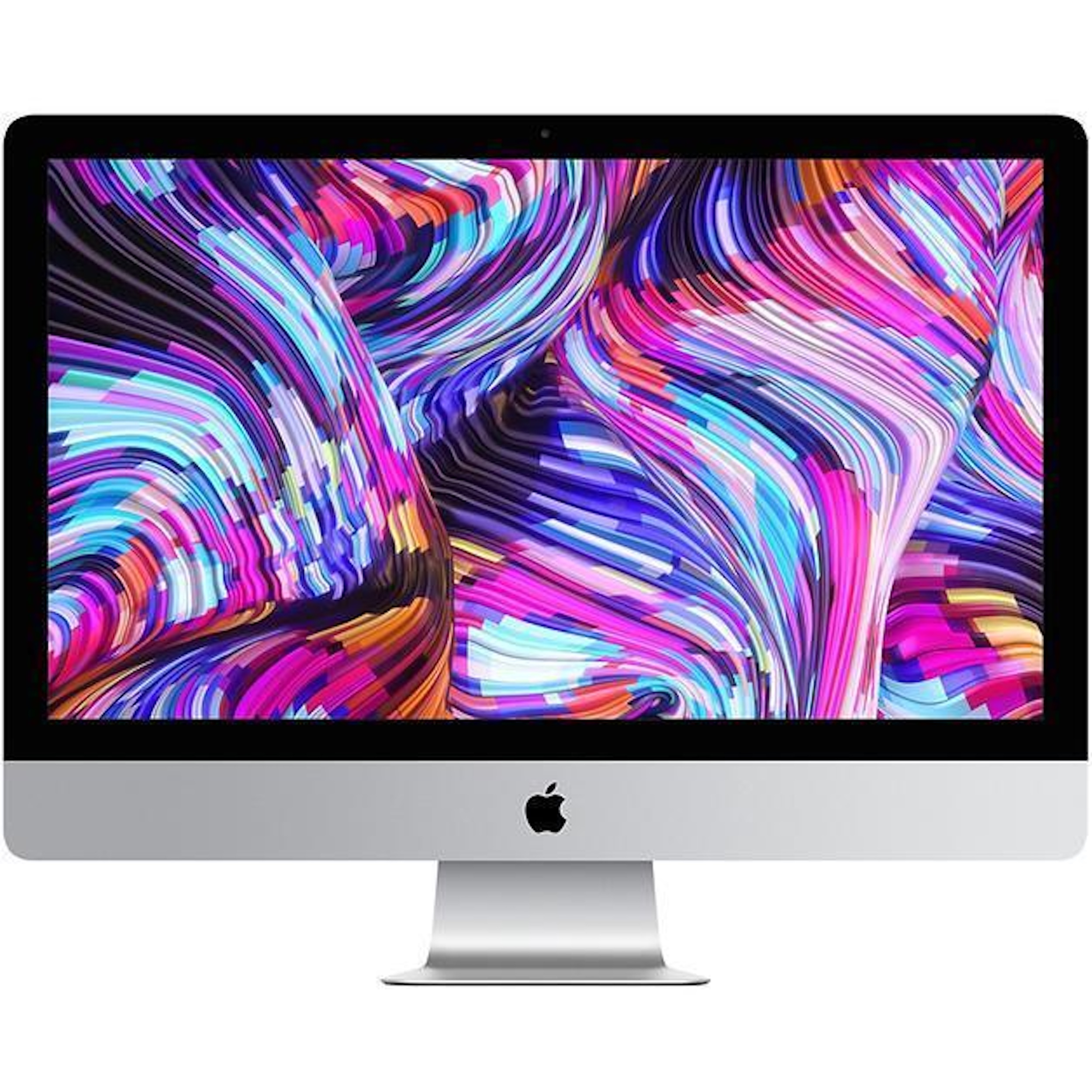 Apple iMac z kolorowym, abstrakcyjnym wyświetlaczem. Ekran pokazuje płynące linie w różnych kolorach.