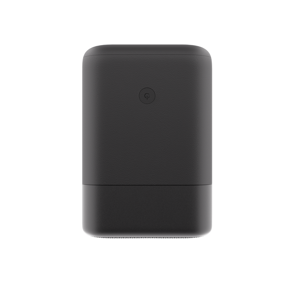 Czarny, cylindryczny głośnik z ikoną przycisku zasilania. Podstawa jest w ciemniejszym odcieniu szarości. Na czarnym tle.