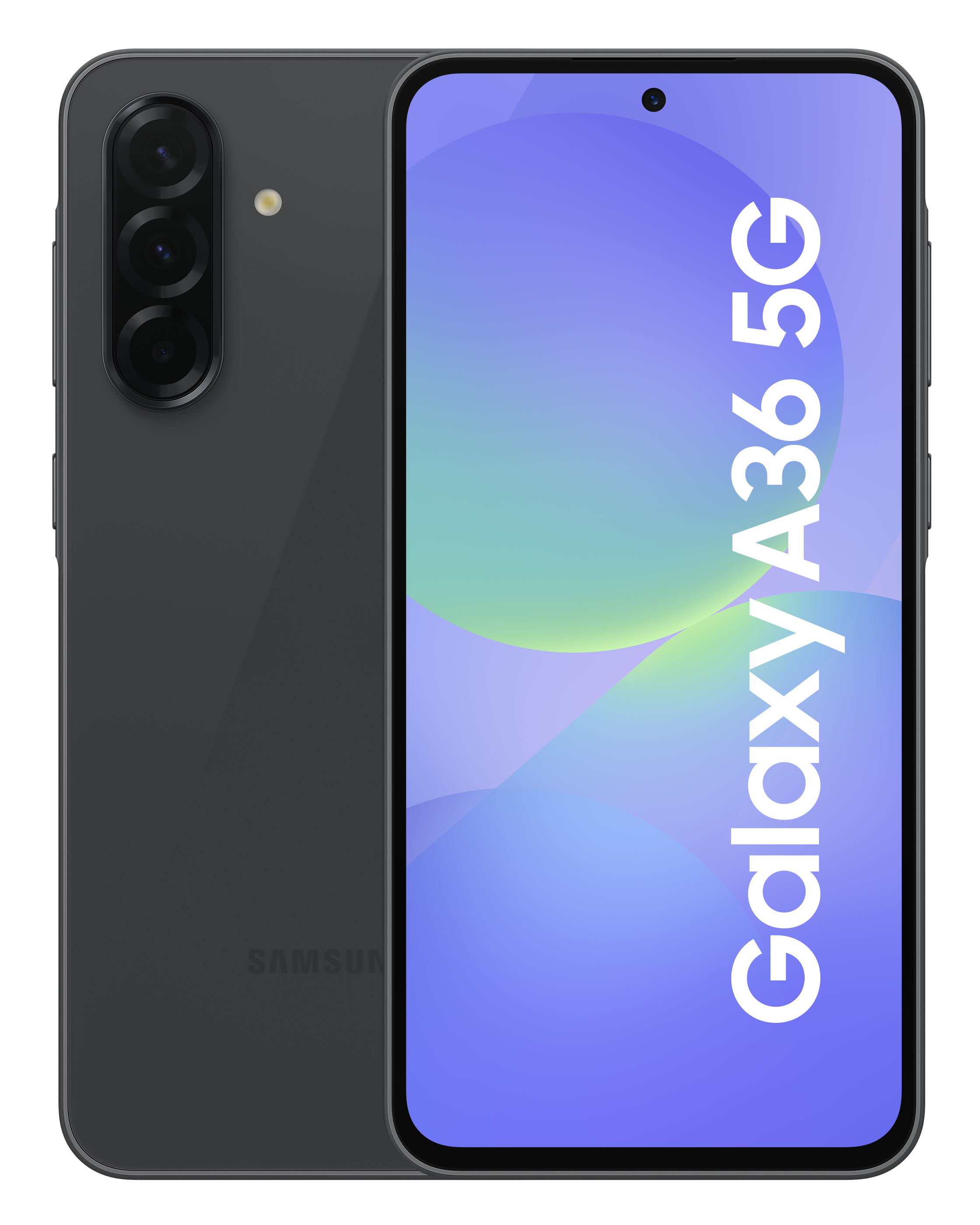 Un téléphone Samsung Galaxy A36 5G gris foncé. L'écran affiche le nom du téléphone. Trois caméras arrière et une caméra frontale sont visibles.