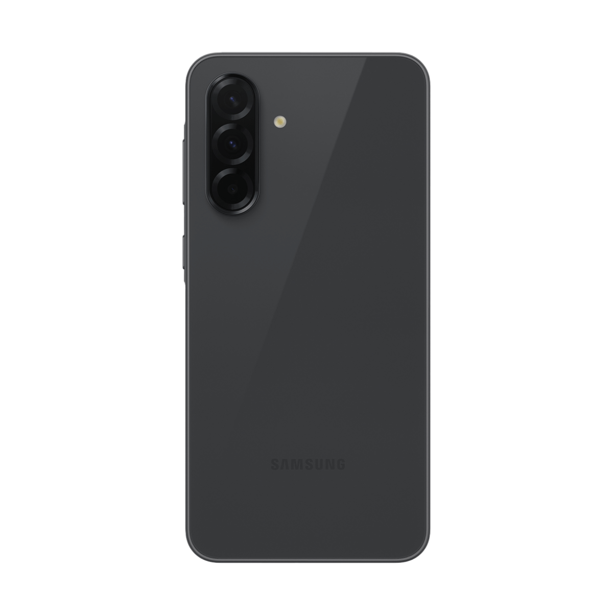 Vue arrière d'un smartphone Samsung gris foncé. Il comporte trois caméras et un flash. Le logo Samsung est visible en bas.