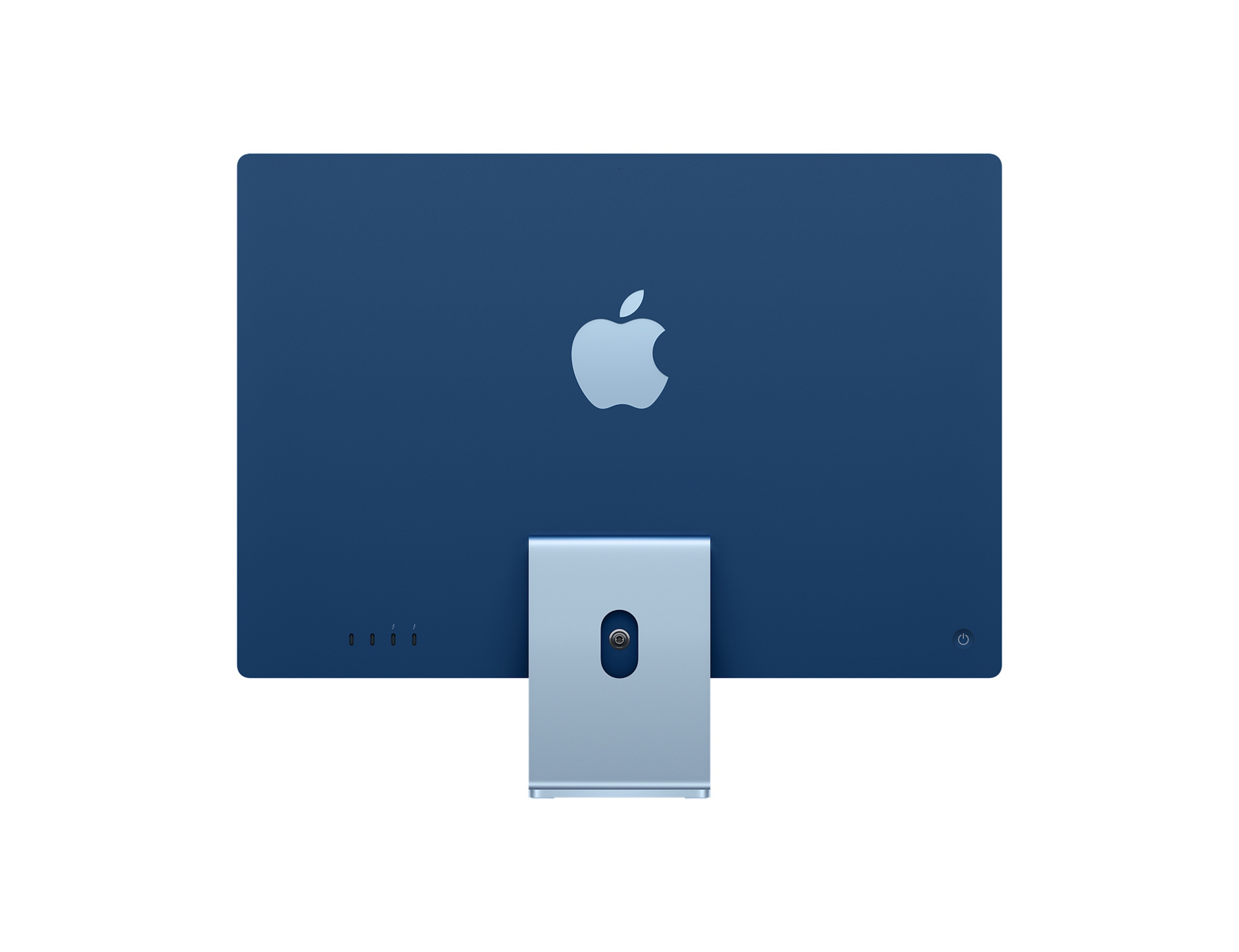 Widok z tyłu niebieskiego komputera iMac. Srebrne logo Apple znajduje się pośrodku. Podstawa jest srebrna.