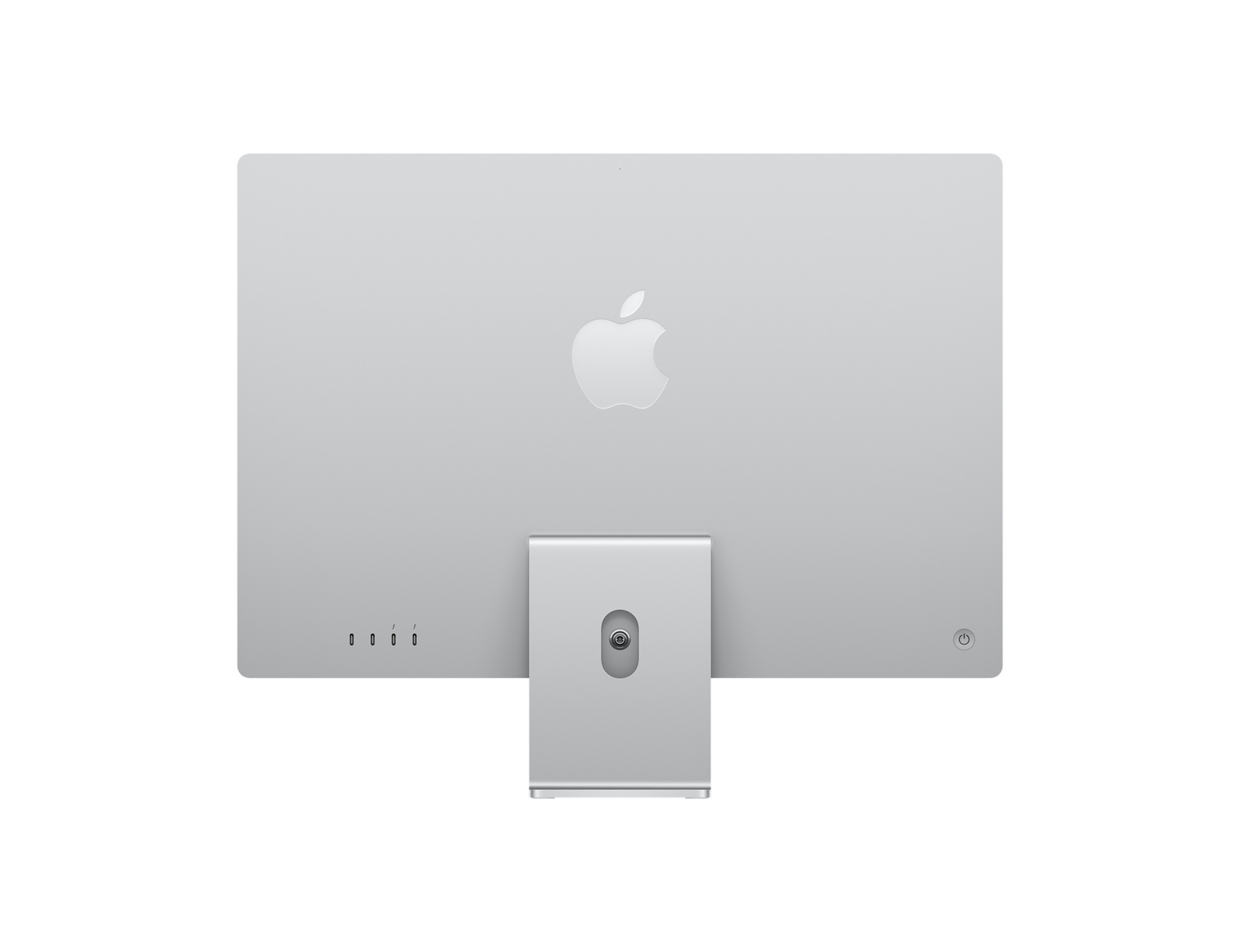Tył srebrnego iMac. Widoczne logo Apple, porty, przycisk zasilania i podstawka. Tło jest białe.