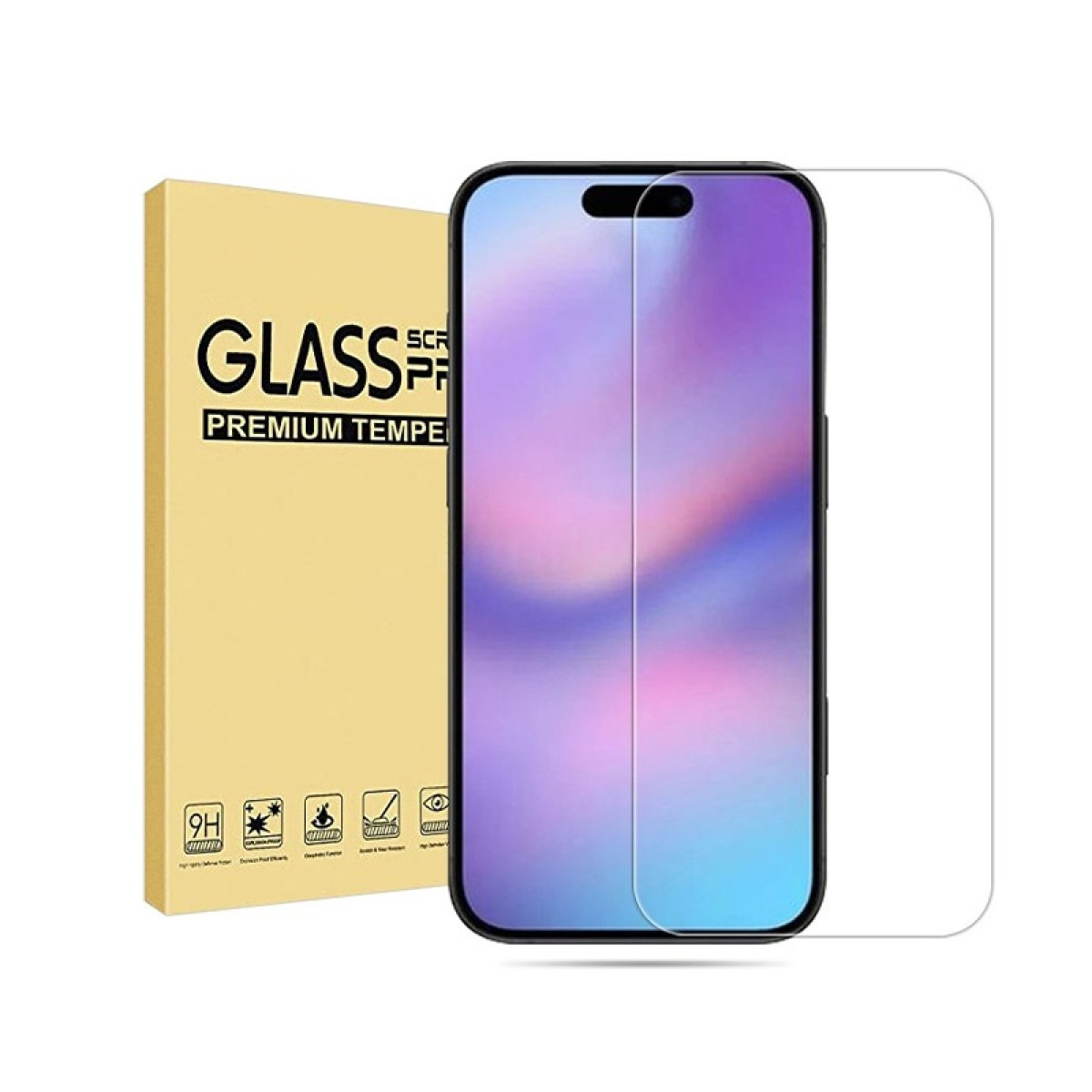 Uno smartphone e una protezione per lo schermo sono esposti accanto a una scatola gialla con le parole "GLASS" e "PREMIUM TEMPERED".