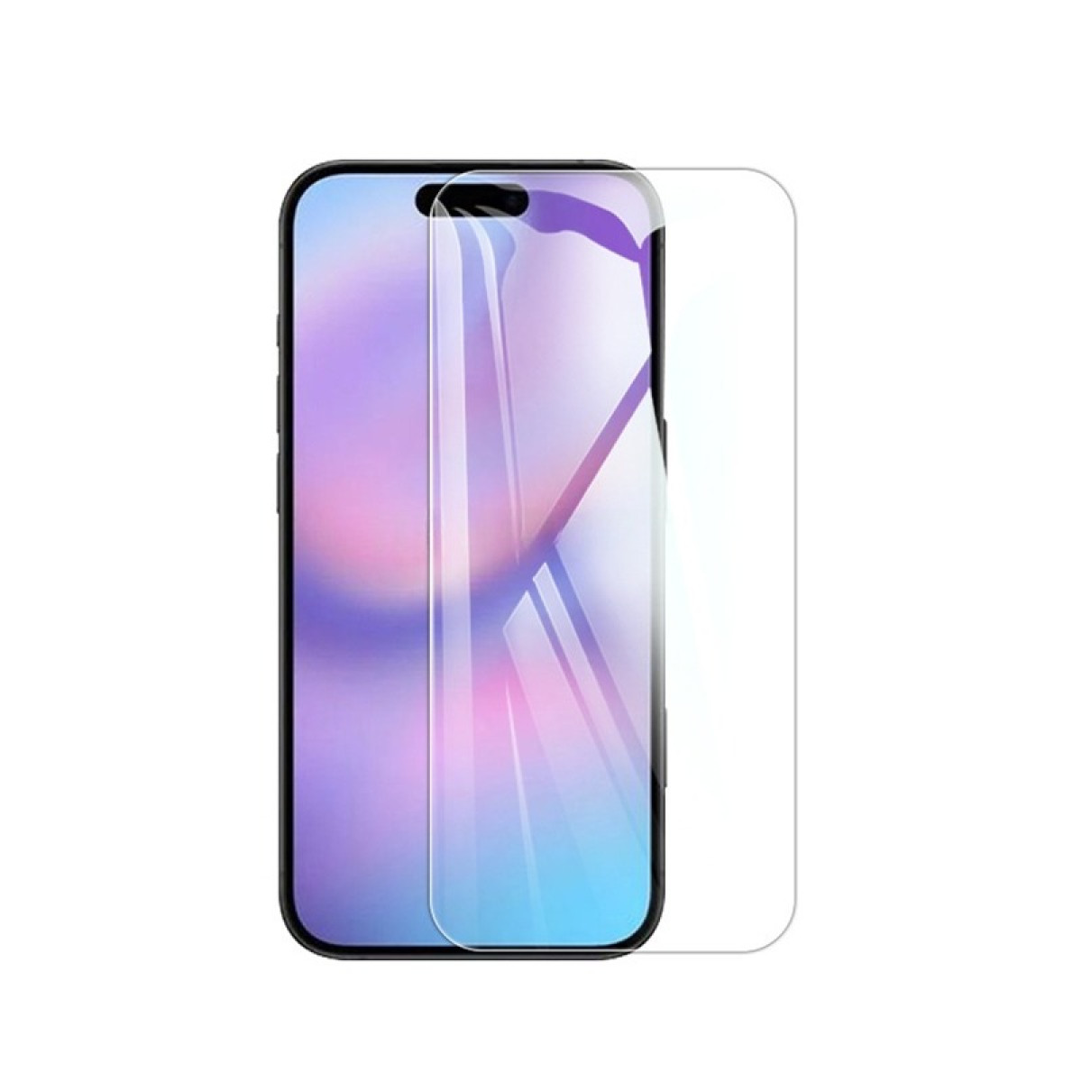 Uno smartphone con protezione schermo. Il telefono è nero con display colorato. La protezione è trasparente e a destra.