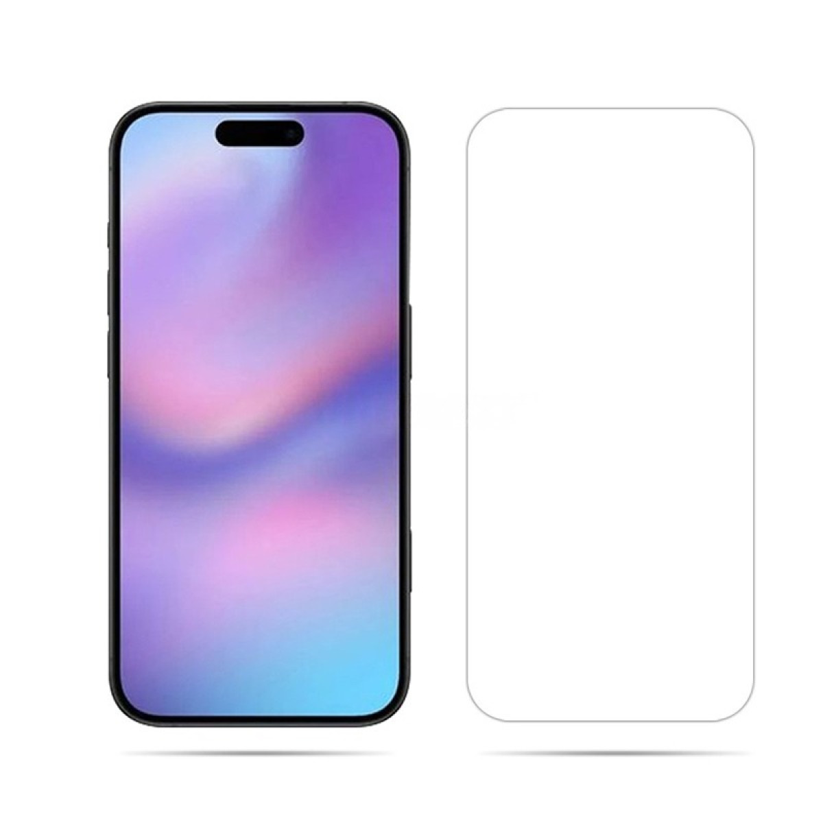Uno smartphone con display colorato accanto a una protezione schermo trasparente su sfondo bianco.