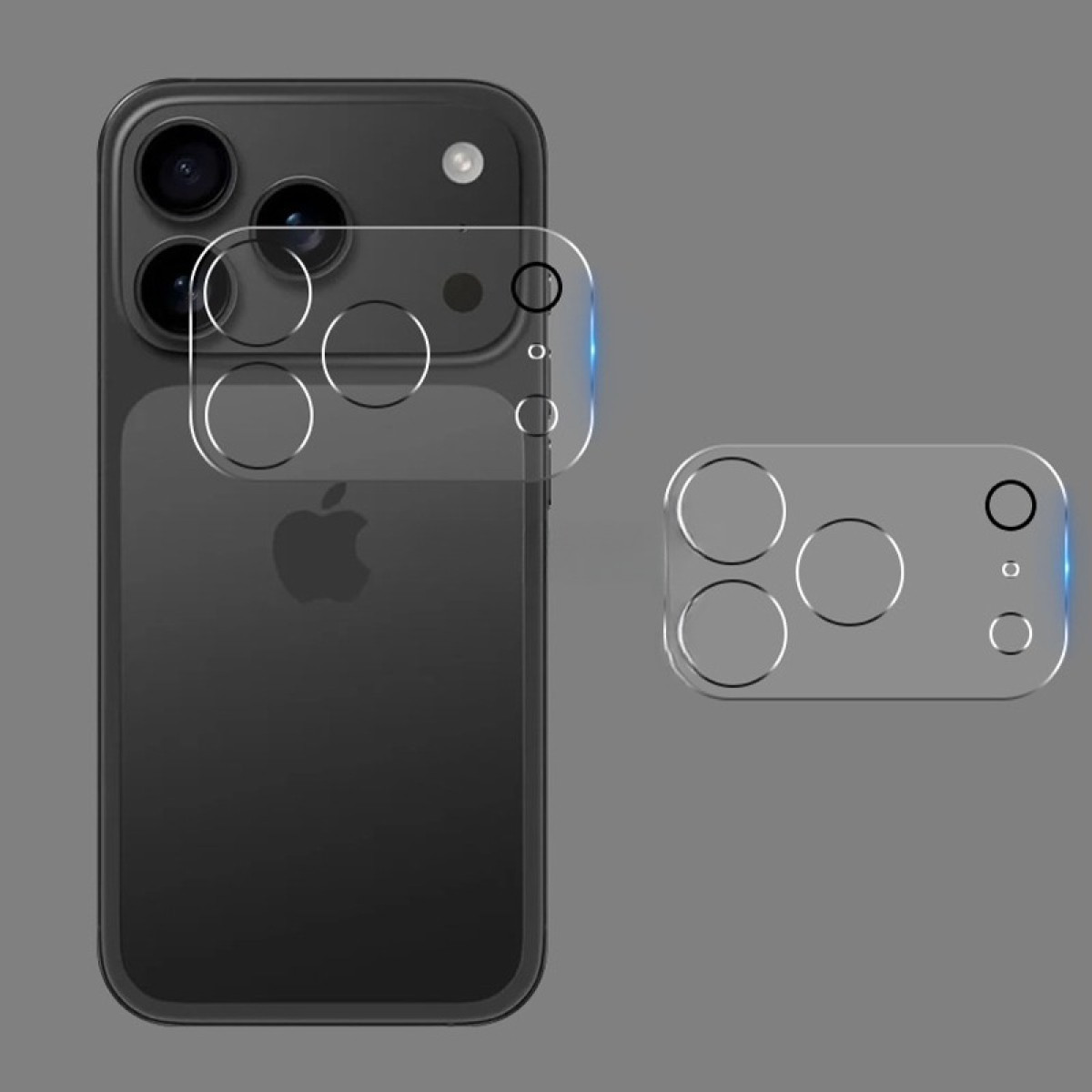 Un iPhone negro con un protector de cámara. El protector es transparente con contornos de las lentes de la cámara. Fondo gris.
