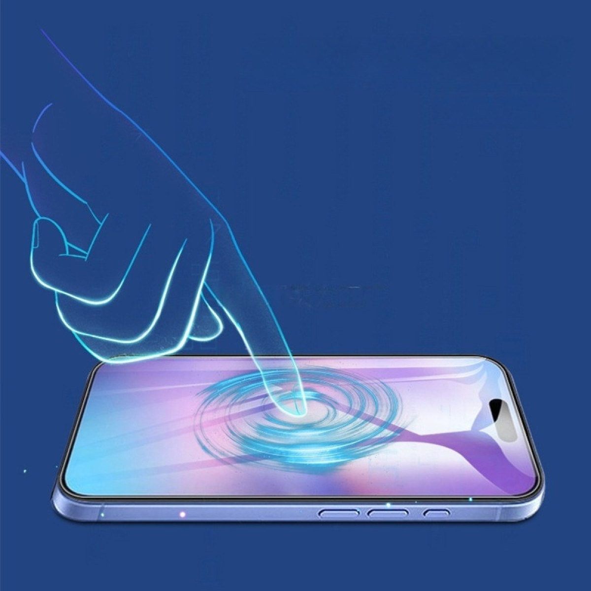 Una mano tocca lo schermo di un telefono. Lo schermo mostra cerchi luminosi. Lo sfondo è blu scuro.