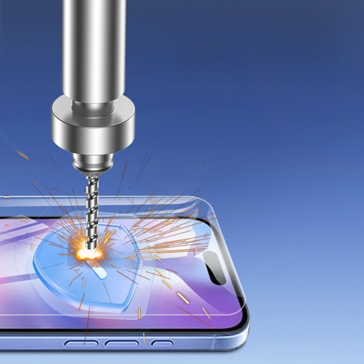 Un trapano sta perforando una protezione per lo schermo del telefono. Scintille volano attorno a un'icona a scudo. Lo sfondo è blu sfumato.
