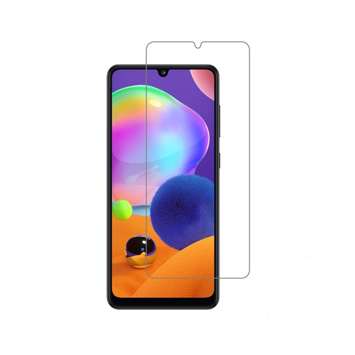 Een smartphone toont een levendige schermbeschermer, met kleurrijke bollen op oranje.