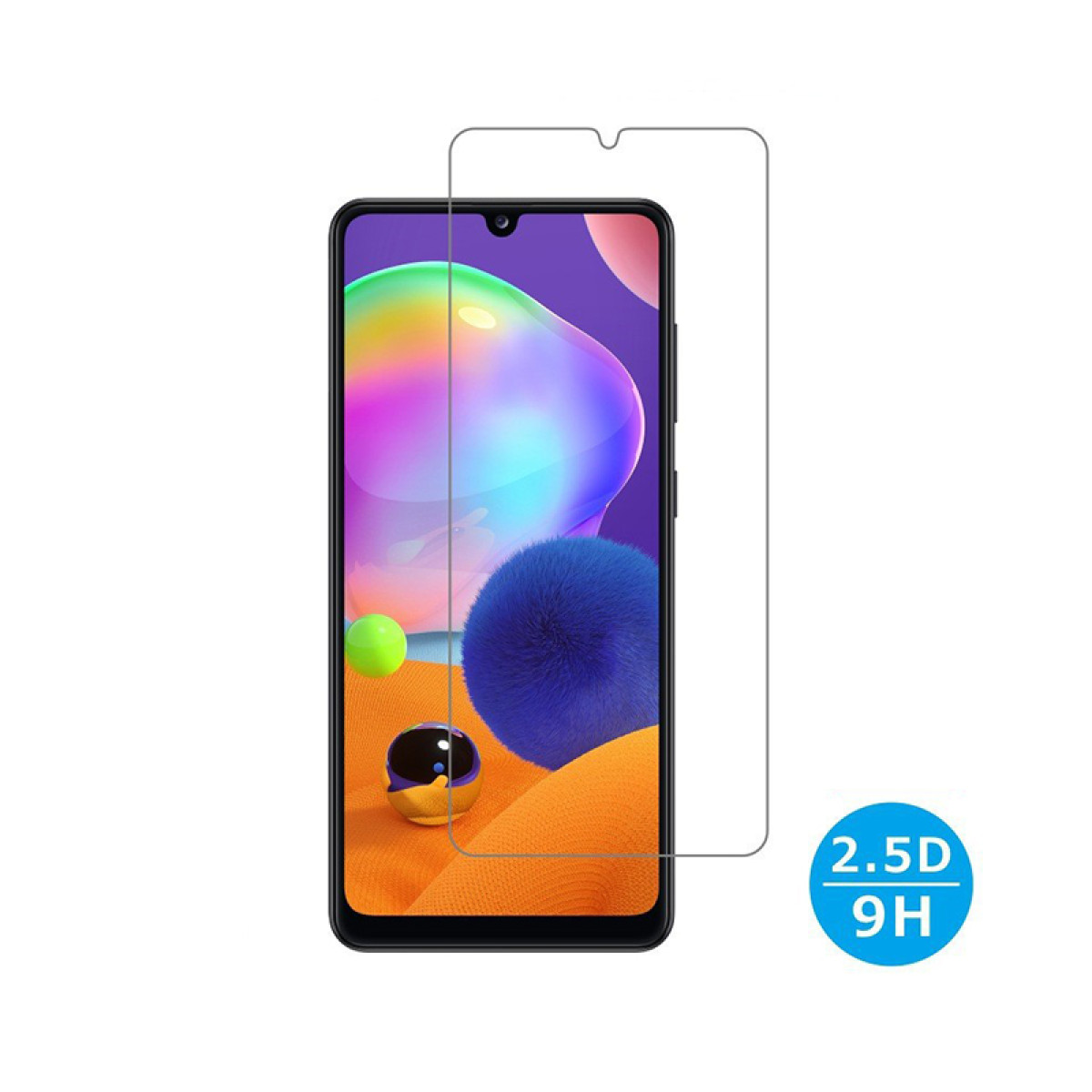 Een smartphone met een schermbeschermer. Het scherm toont een kleurrijk abstract ontwerp. Een blauwe en een groene bol zijn zichtbaar.