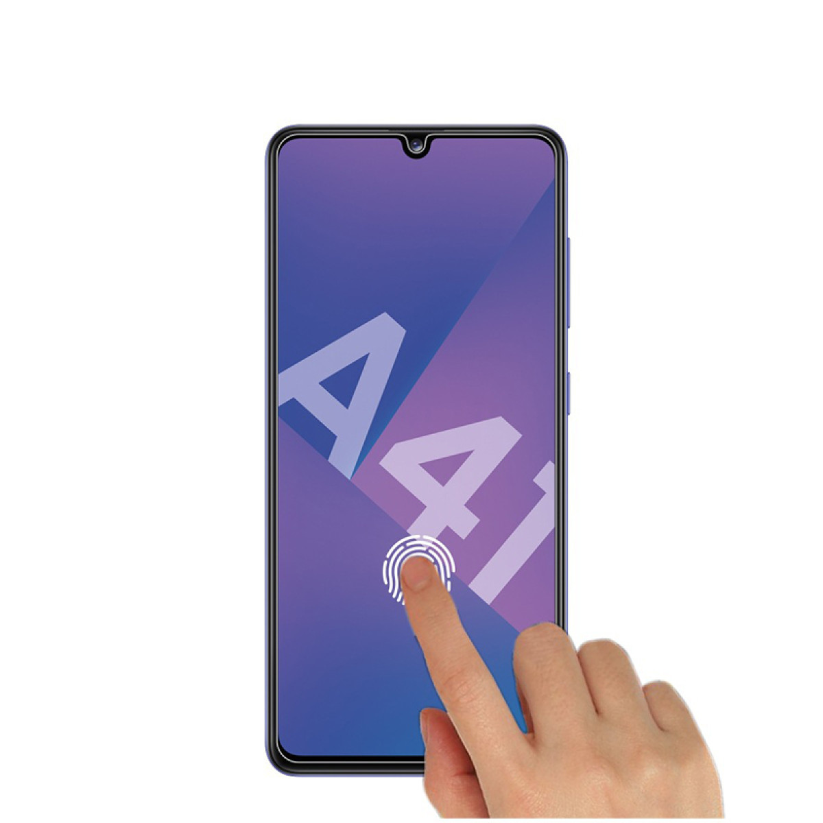 Een hand raakt een smartphonescherm aan met een vingerafdrukpictogram. Het scherm toont het nummer 'A41' op een paarse gradiënt achtergrond.