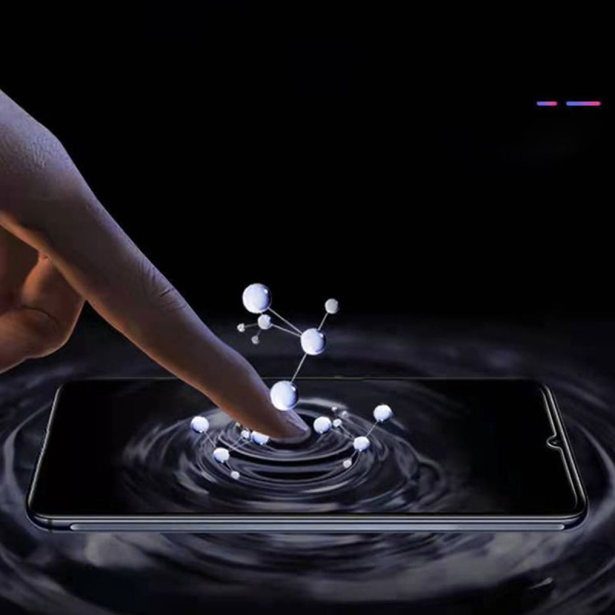 Een vinger raakt een telefoonscherm met watereffecten. Molecuulachtige structuur zweeft boven het scherm. Donkere achtergrond.