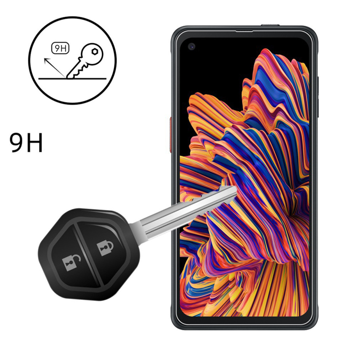 Een telefoonscherm met kleurrijke abstracte kunst, een sleutel en een 9H-markering, wat schermbescherming suggereert.