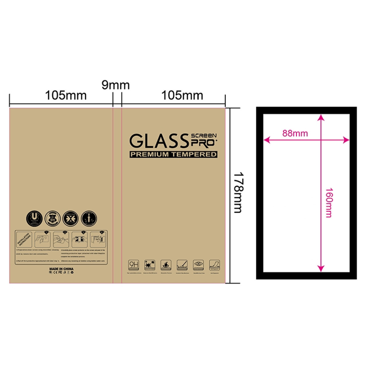 Een kartonnen doos met afmetingen. Het heeft een zwart frame met afmetingen. Op de doos staat 'GLASS PRO' en 'PREMIUM TEMPERED'.