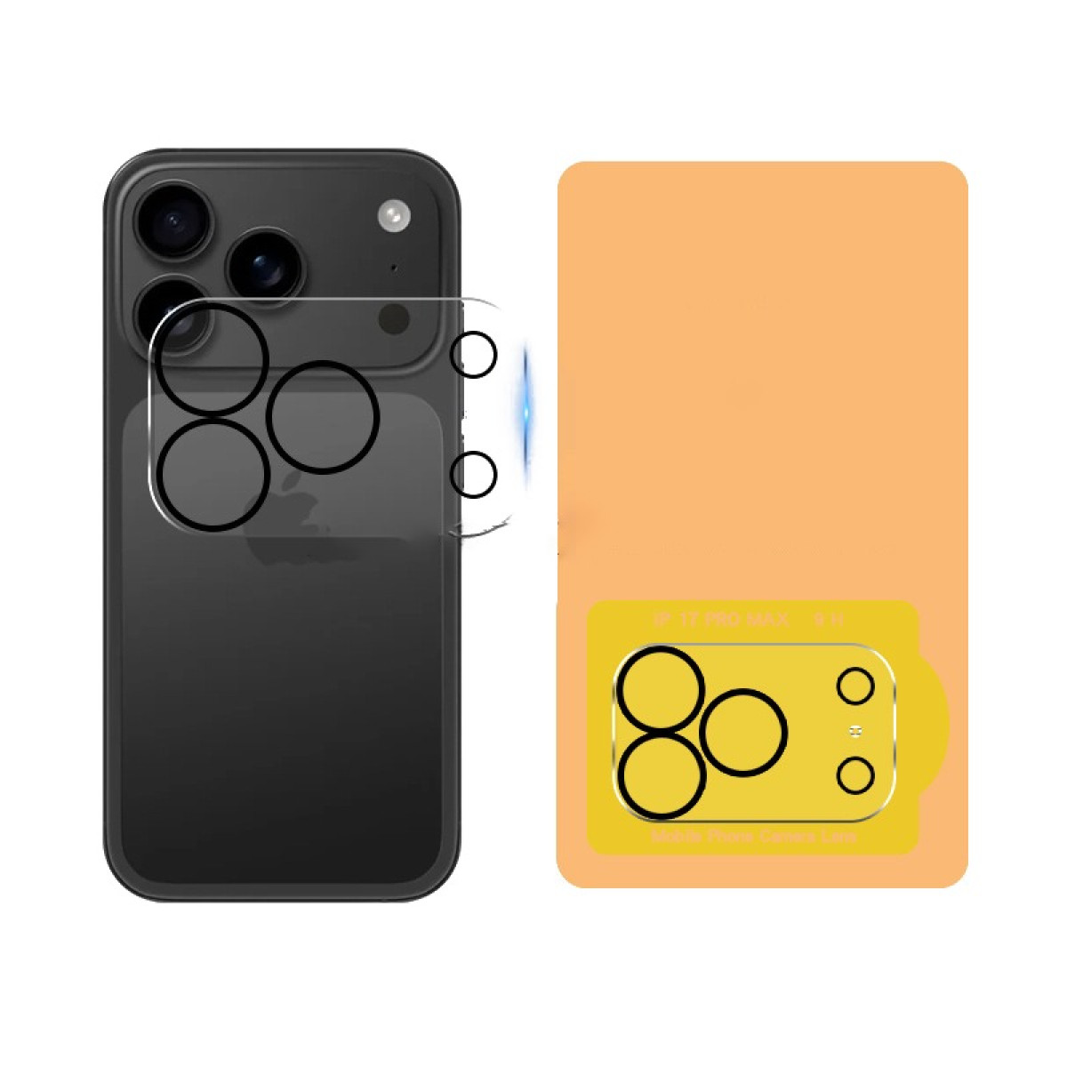 iPhone negro con protector de lente de cámara y una tarjeta amarilla con contornos de lentes.