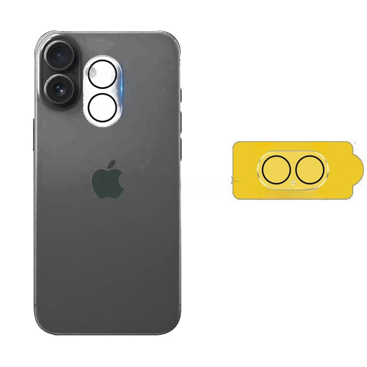 Un iPhone gris oscuro con tres cámaras y una pegatina amarilla con dos círculos. El logo de Apple es visible.