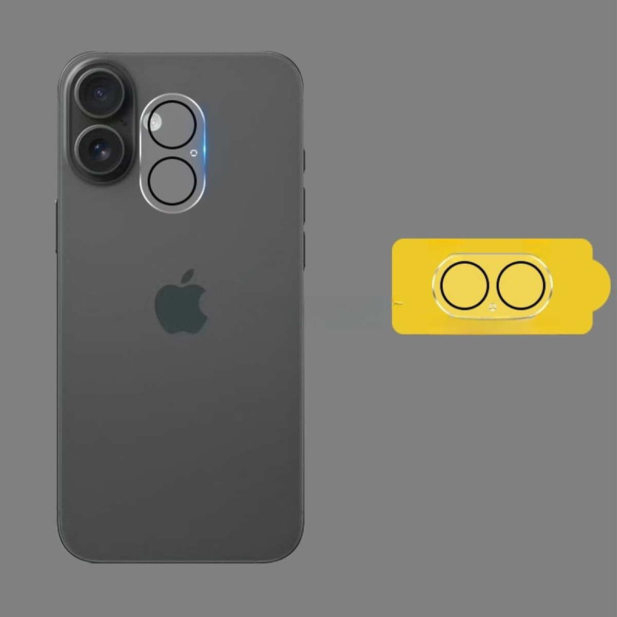Un iPhone gris con lentes de cámara y un icono de batería amarillo. El icono de la batería tiene dos círculos.