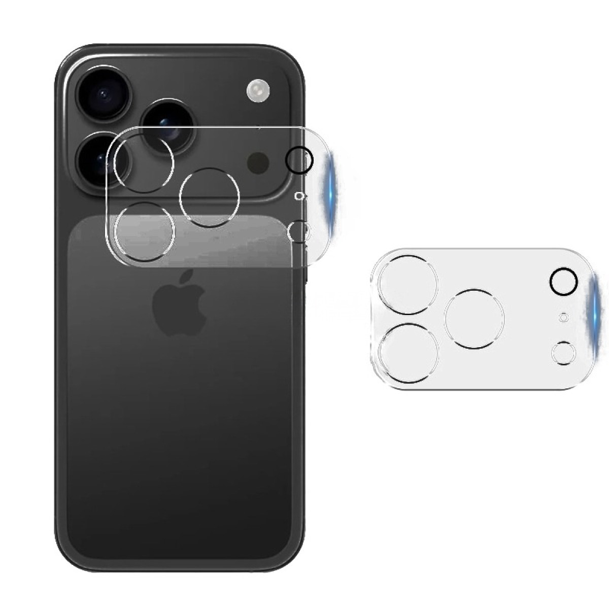 Un teléfono inteligente negro con un protector de lente de cámara. El teléfono tiene tres lentes y un flash. Hay un protector aparte.