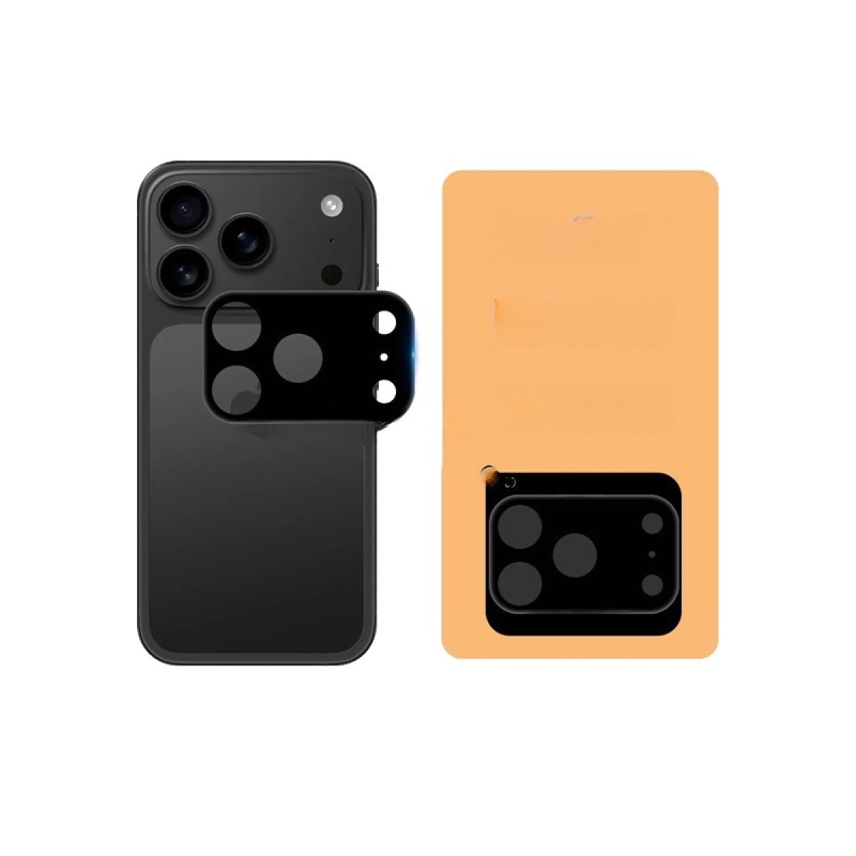 Smartphone negro con protector de lente de cámara. Una tarjeta naranja está al lado, también con un protector de lente de cámara.