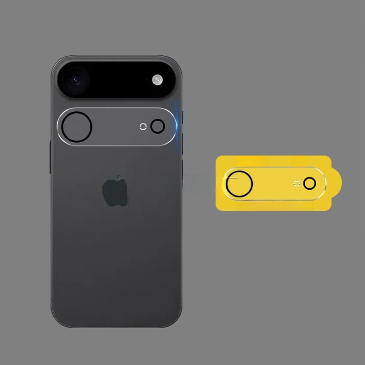 Maqueta de un smartphone gris con área de cámara negra. Un rectángulo amarillo con círculos a la derecha.