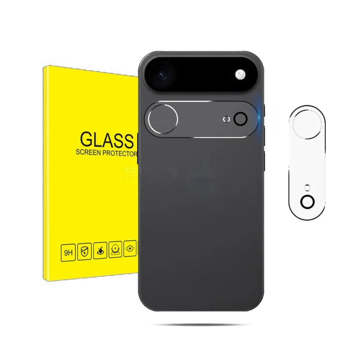 Un teléfono negro con una caja de protector de pantalla y un protector de pantalla transparente. La caja es amarilla y dice 'GLASS SCREEN PROTECTOR'.