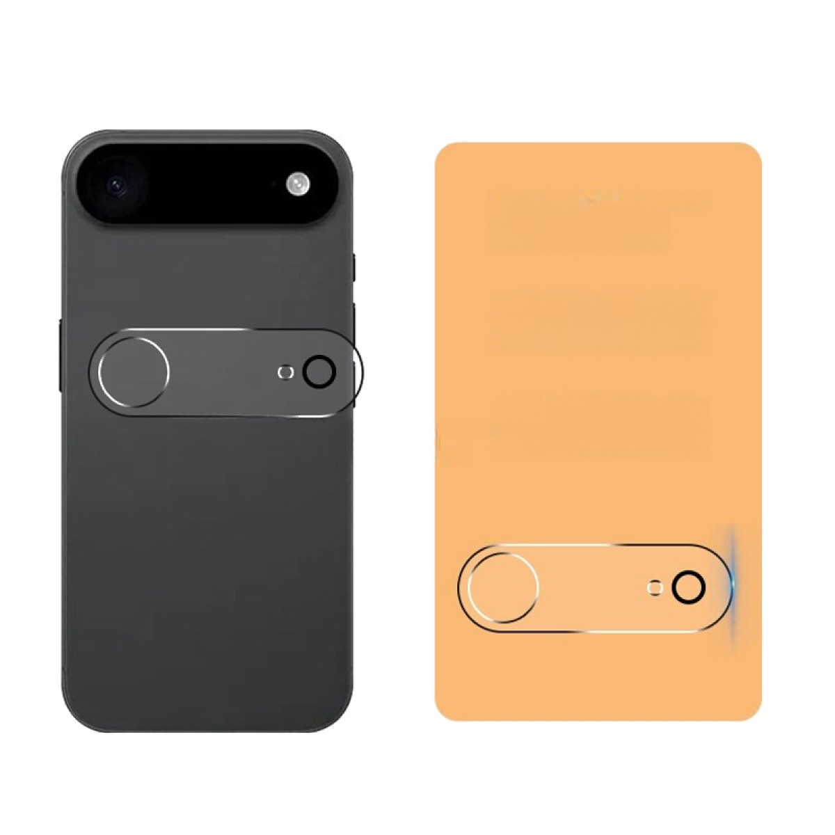 Un teléfono negro y una tarjeta amarilla. El teléfono tiene lentes de cámara. Ambos objetos tienen un óvalo blanco con círculos.