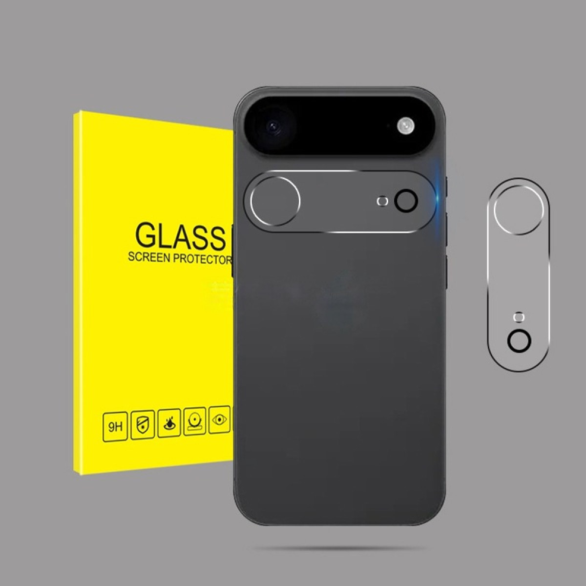 La imagen muestra un teléfono con protector de pantalla y protector de lente de cámara. El teléfono es gris. El protector de pantalla es amarillo. Fondo gris.