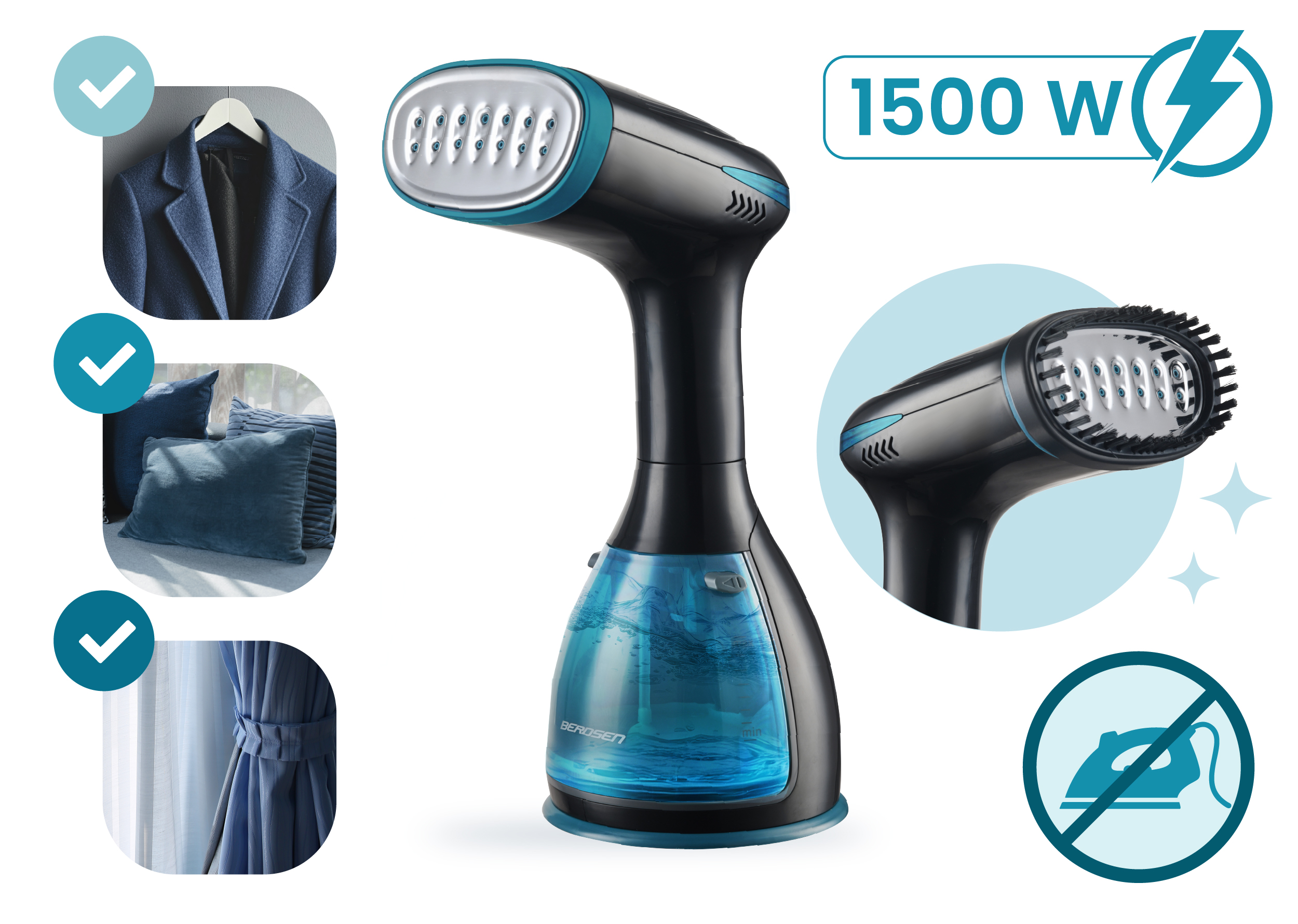 Pokazano czarno-niebieską parownicę ręczną, obok kurtki, poduszek i zasłon. Ma moc 1500W i symbol zakazu prasowania.