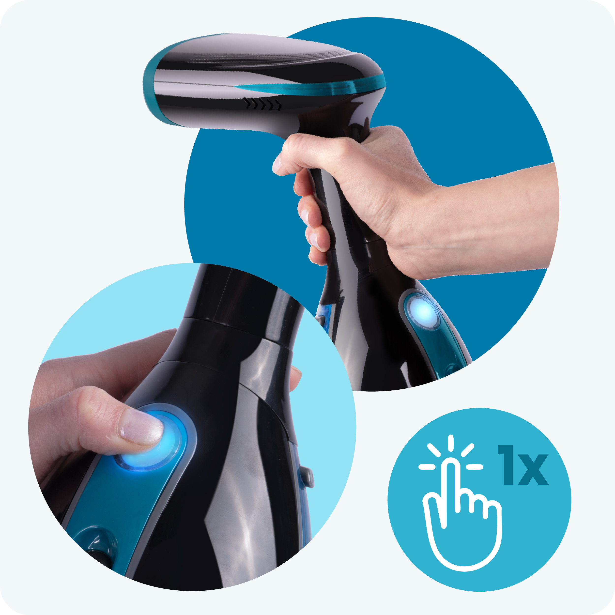 Dłoń trzyma czarne i turkusowe urządzenie. Druga dłoń naciska niebieski przycisk. Grafika pokazuje klikający palec.