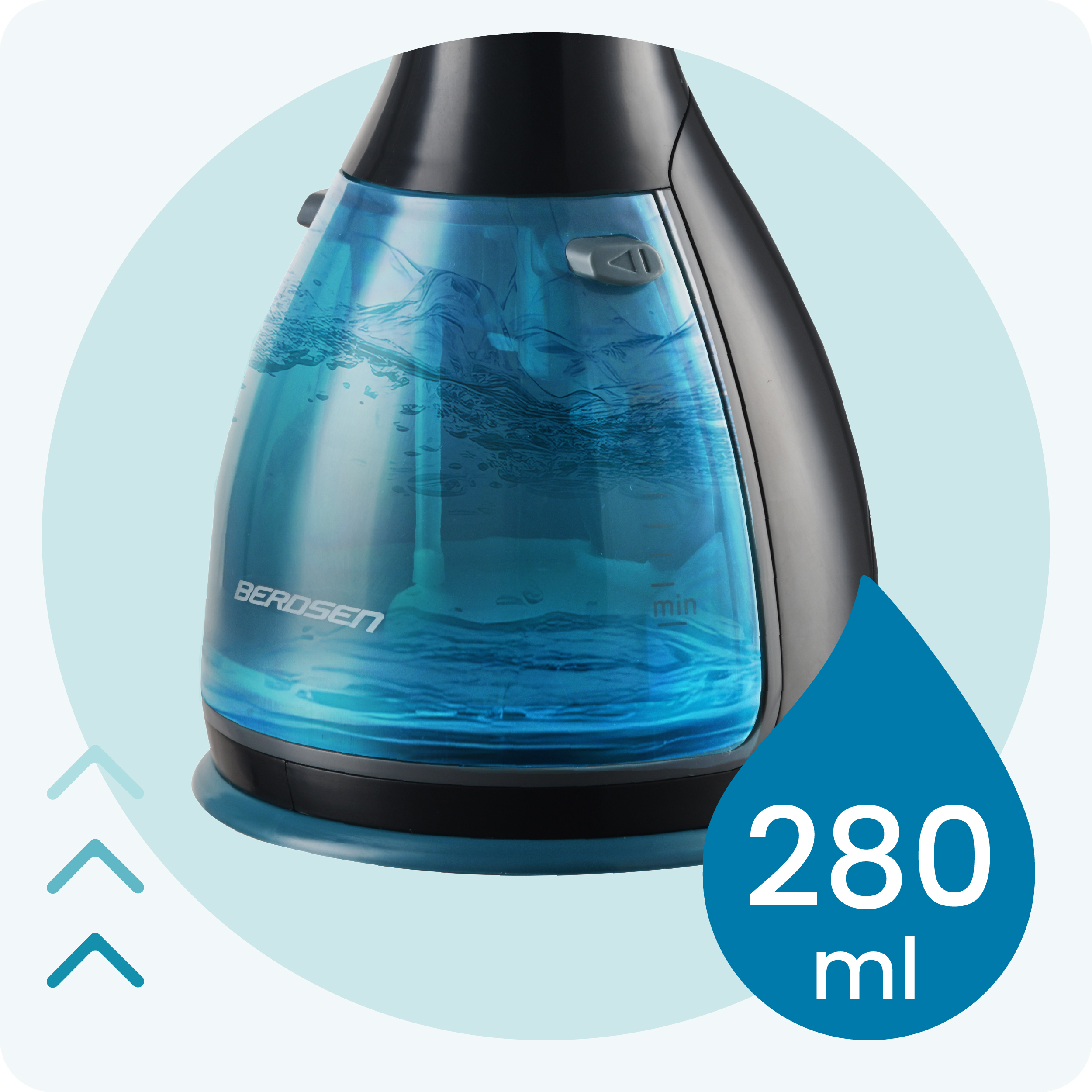 Czarny i niebieski czajnik elektryczny z wodą w środku. Pokazuje markę Berosen i kroplę wody o pojemności 280 ml.