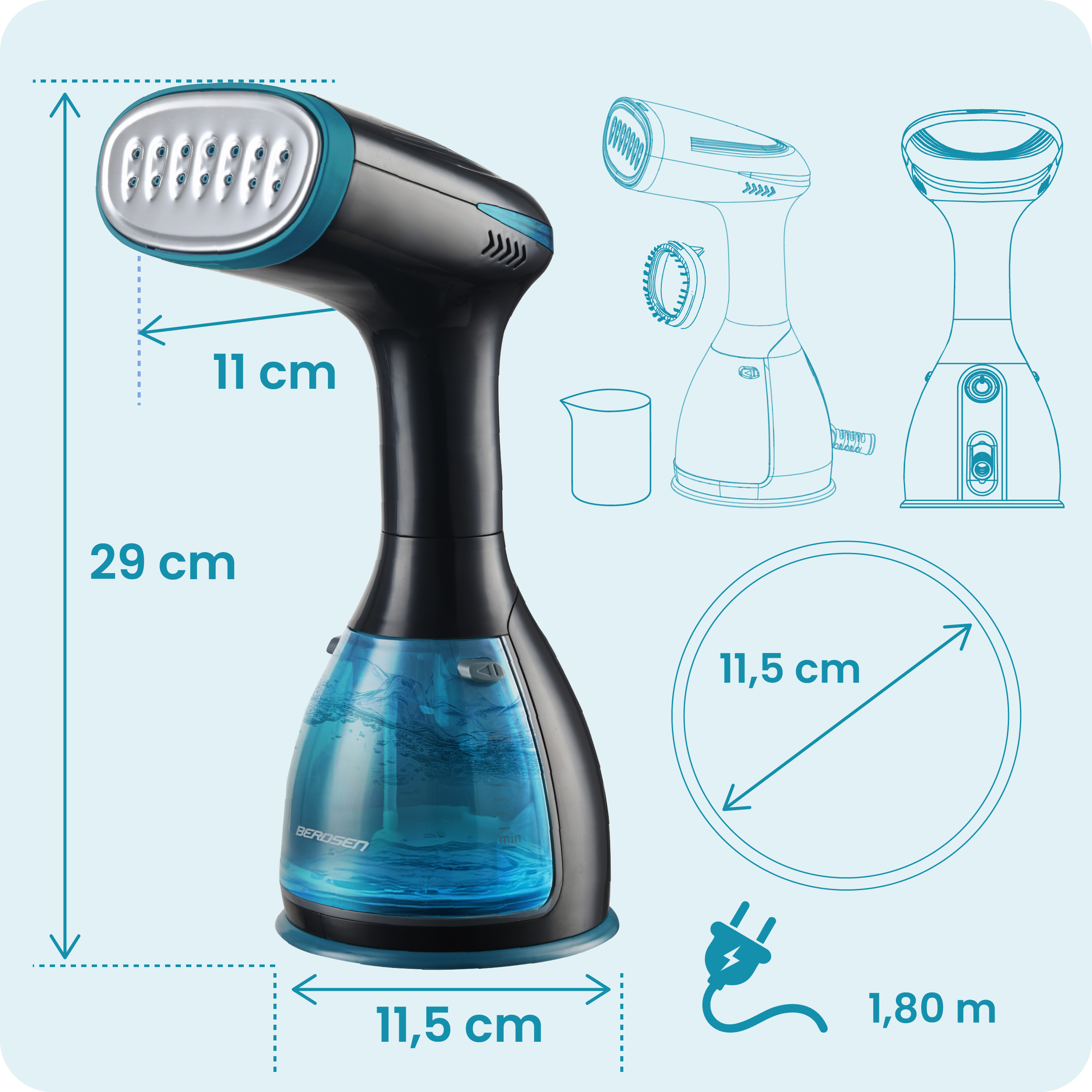 Czarno-niebieski parownik do ubrań z wymiarami, schematami i ilustracją przewodu zasilającego.