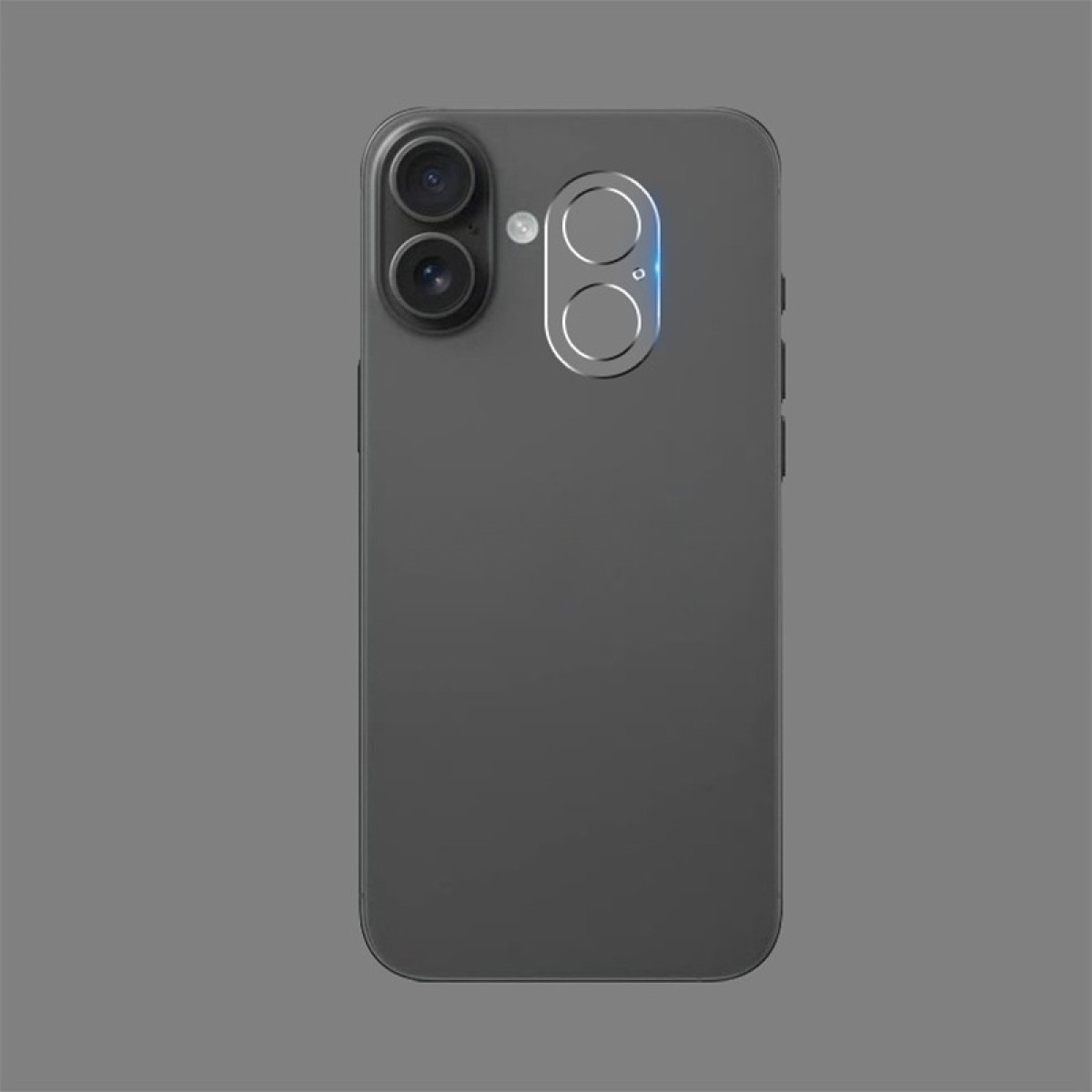 Parte trasera de un smartphone gris oscuro. Dos lentes de cámara arriba a la izquierda, dos lentes de cámara circulares a la derecha, y fondo gris.