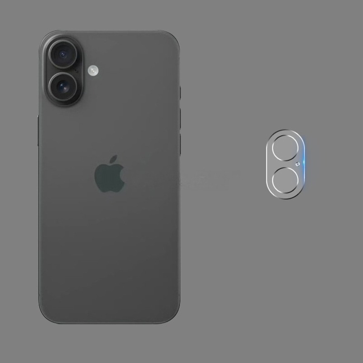 Parte trasera de iPhone gris oscuro con cámaras duales, flash y logotipo de Apple. Protector de lente de cámara plateado al lado.