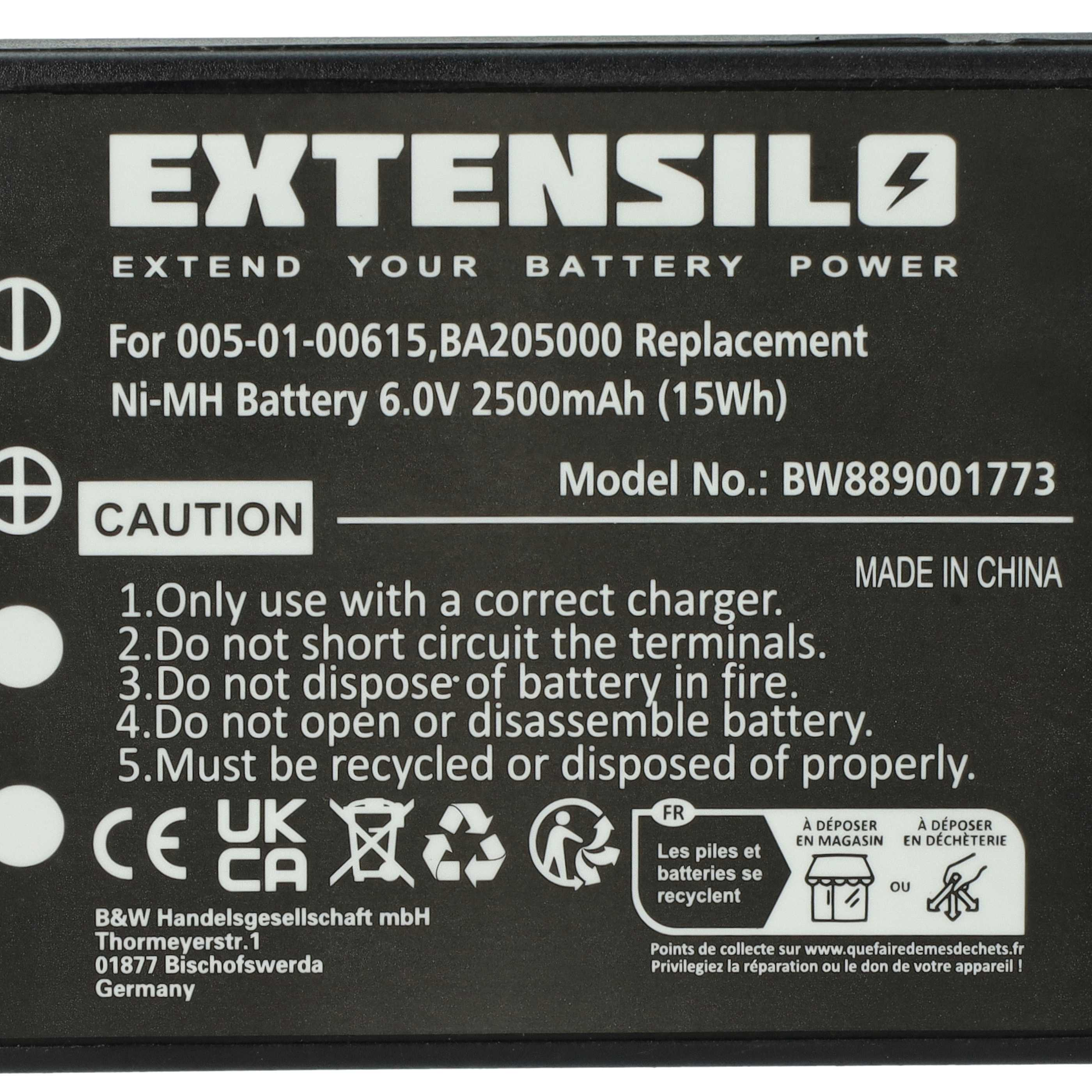 Schwarzes Batterieetikett mit weißem Text. Es lautet 'EXTENSILO', Batterieinfo, 'MADE IN CHINA' und Recyclinghinweise.