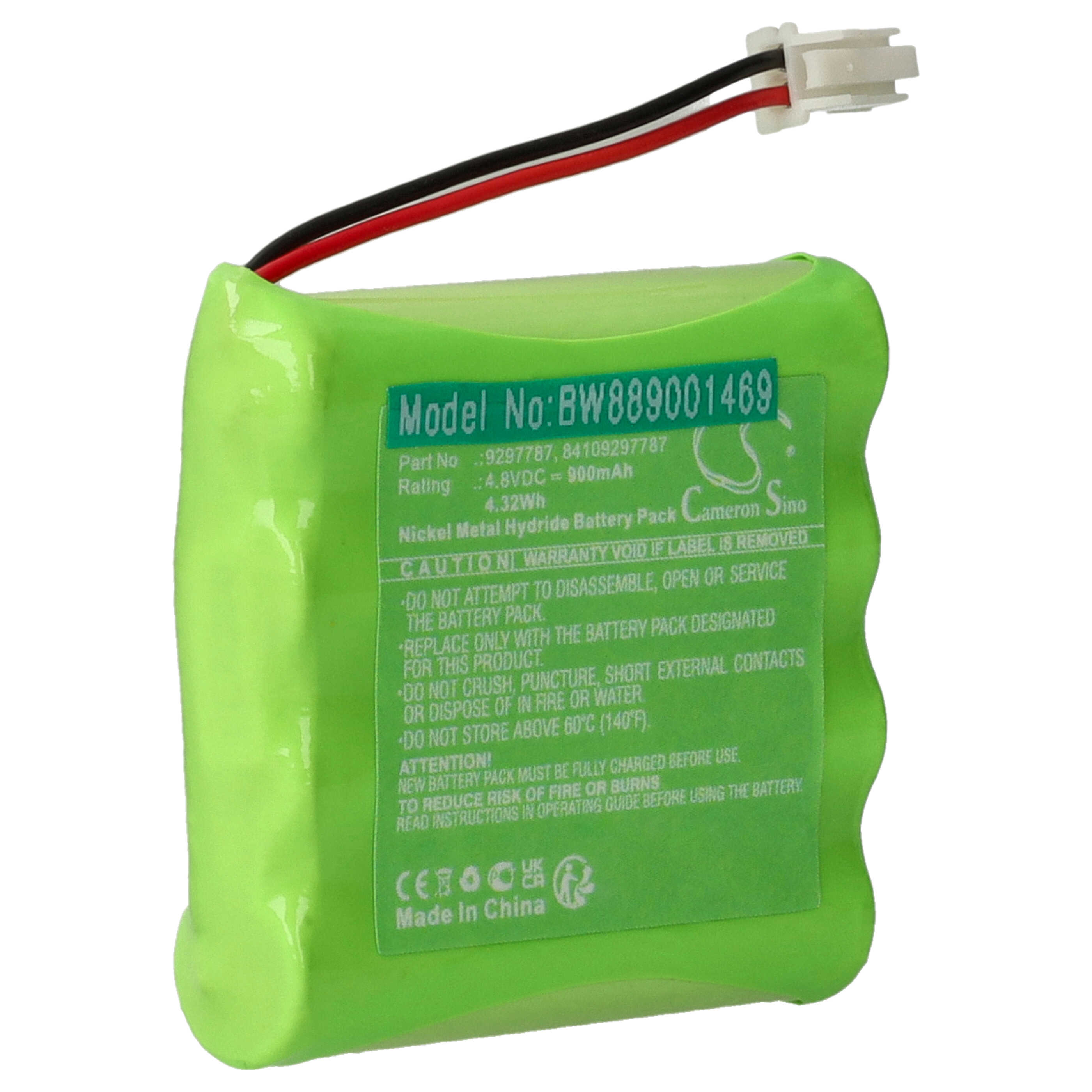 Ein grünes Batteriepack mit schwarzen, roten und weißen Drähten. Es hat ein Etikett mit Text und einen Stecker.