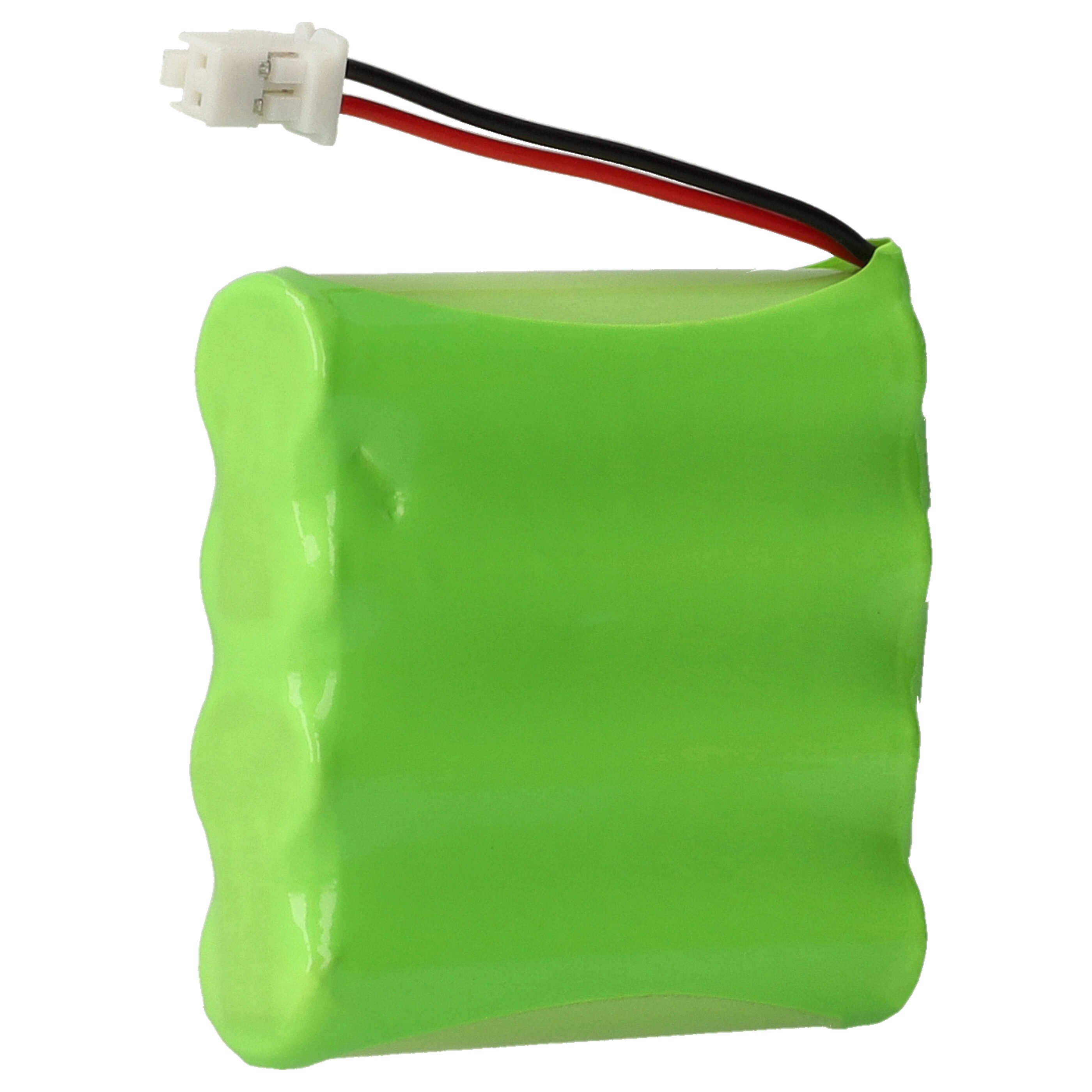 Ein grünes Akkupack mit weißem Stecker und schwarzen/roten Drähten. Die Batterie hat eine glänzende grüne Hülle.