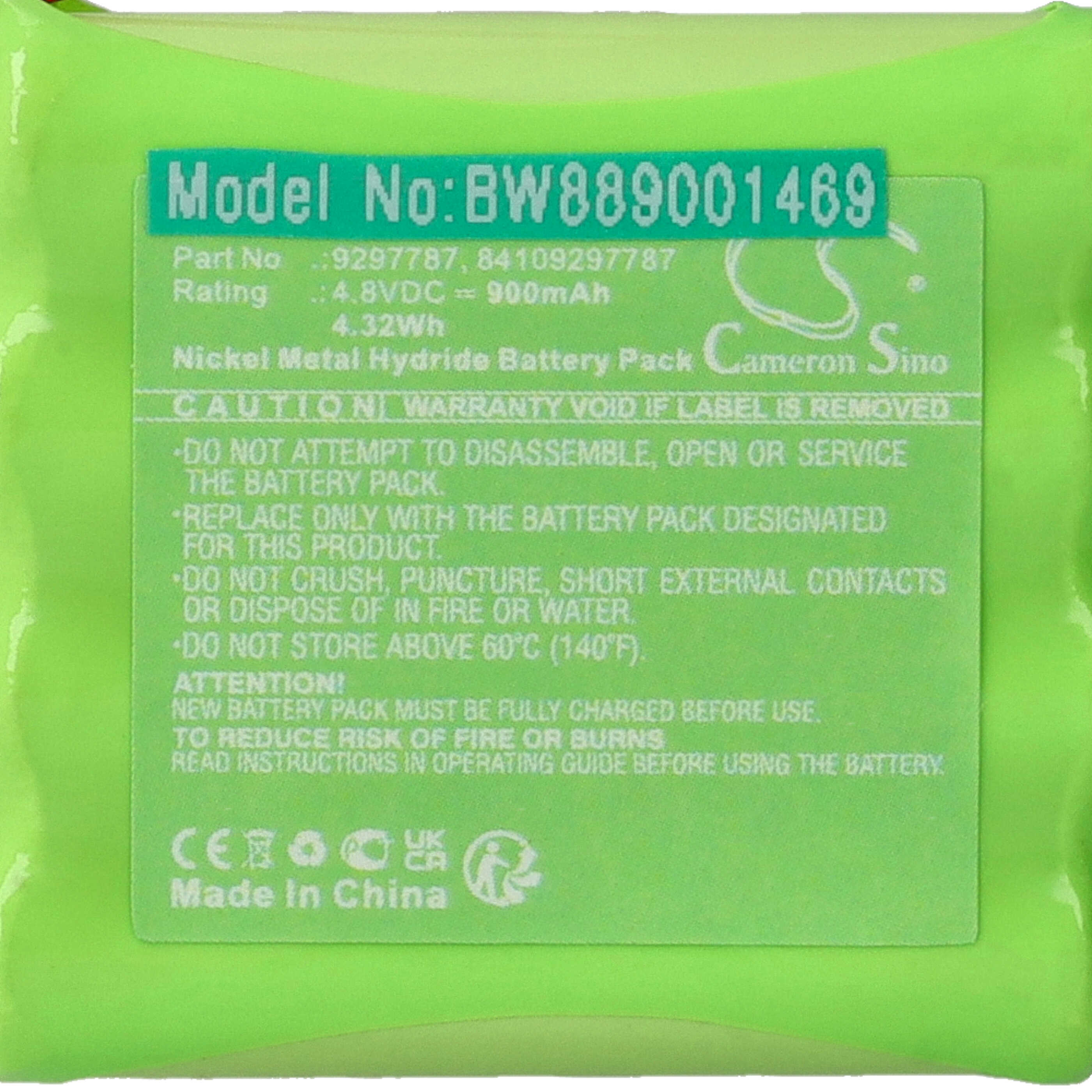 Ein grünes Batterielabel mit Text: Modell-Nr., Teilenummer, Bewertung und Warnungen. Die Marke ist Cameron Sino.
