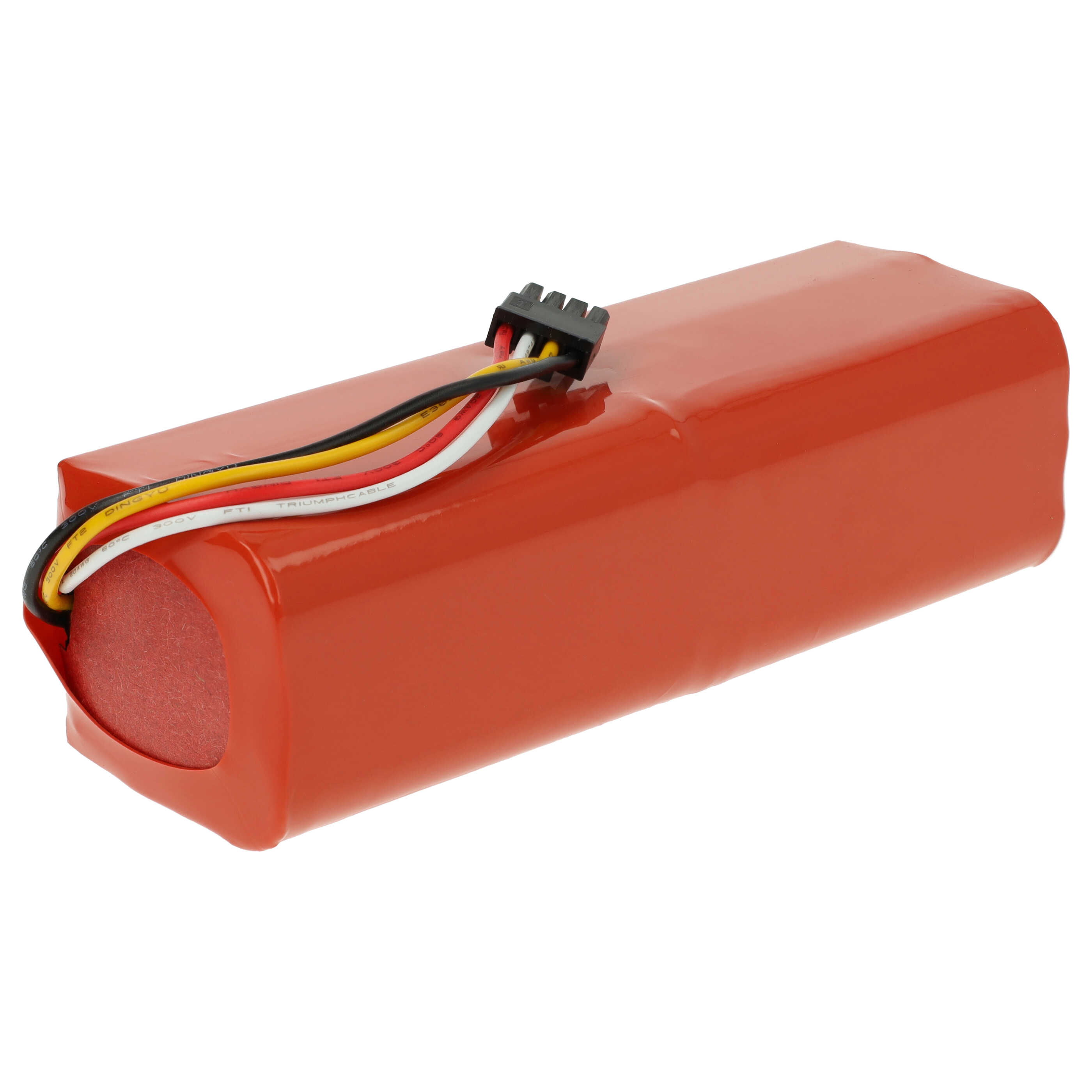 Ein orangefarbener rechteckiger Akkupack mit Drähten und einem schwarzen Stecker oben, isoliert auf weißem Hintergrund.