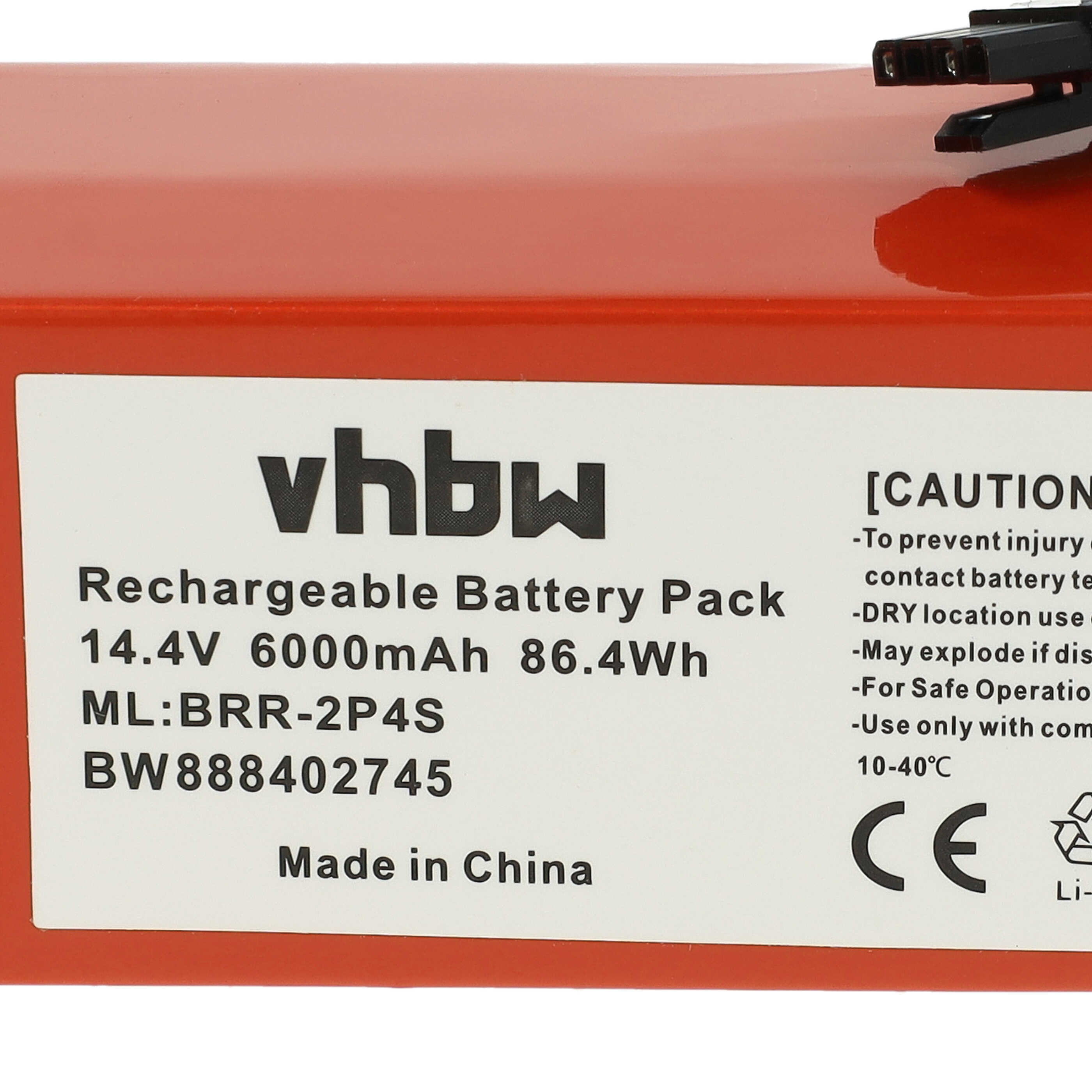 Ein rotes Akku-Pack mit weißem Etikett. Es hat Text, einen Stecker und das CE-Zeichen.