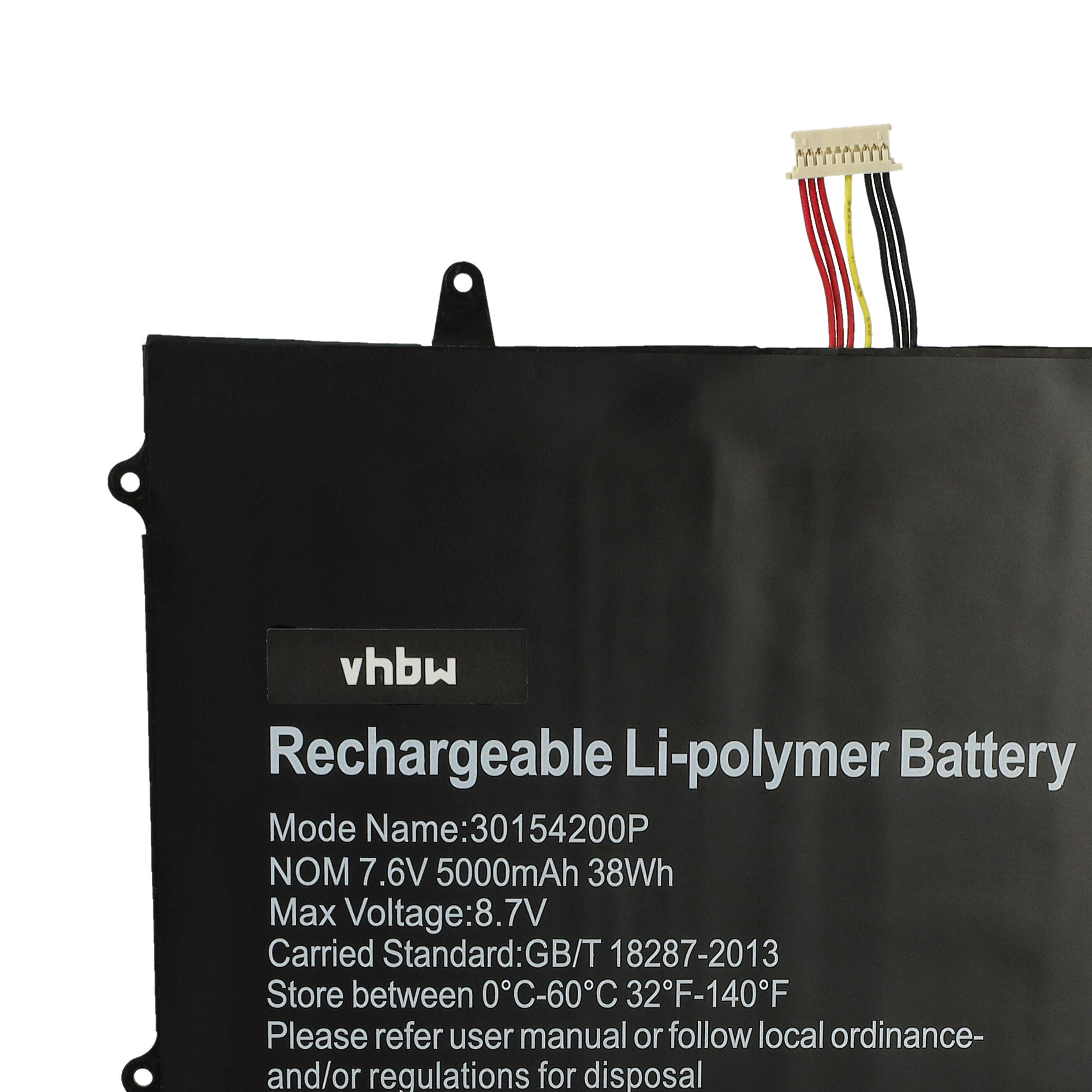 Schwarzer Akku mit weißem Text. Er lautet 'Rechargeable Li-polymer Battery'. Oben befinden sich Drähte mit einem Stecker.