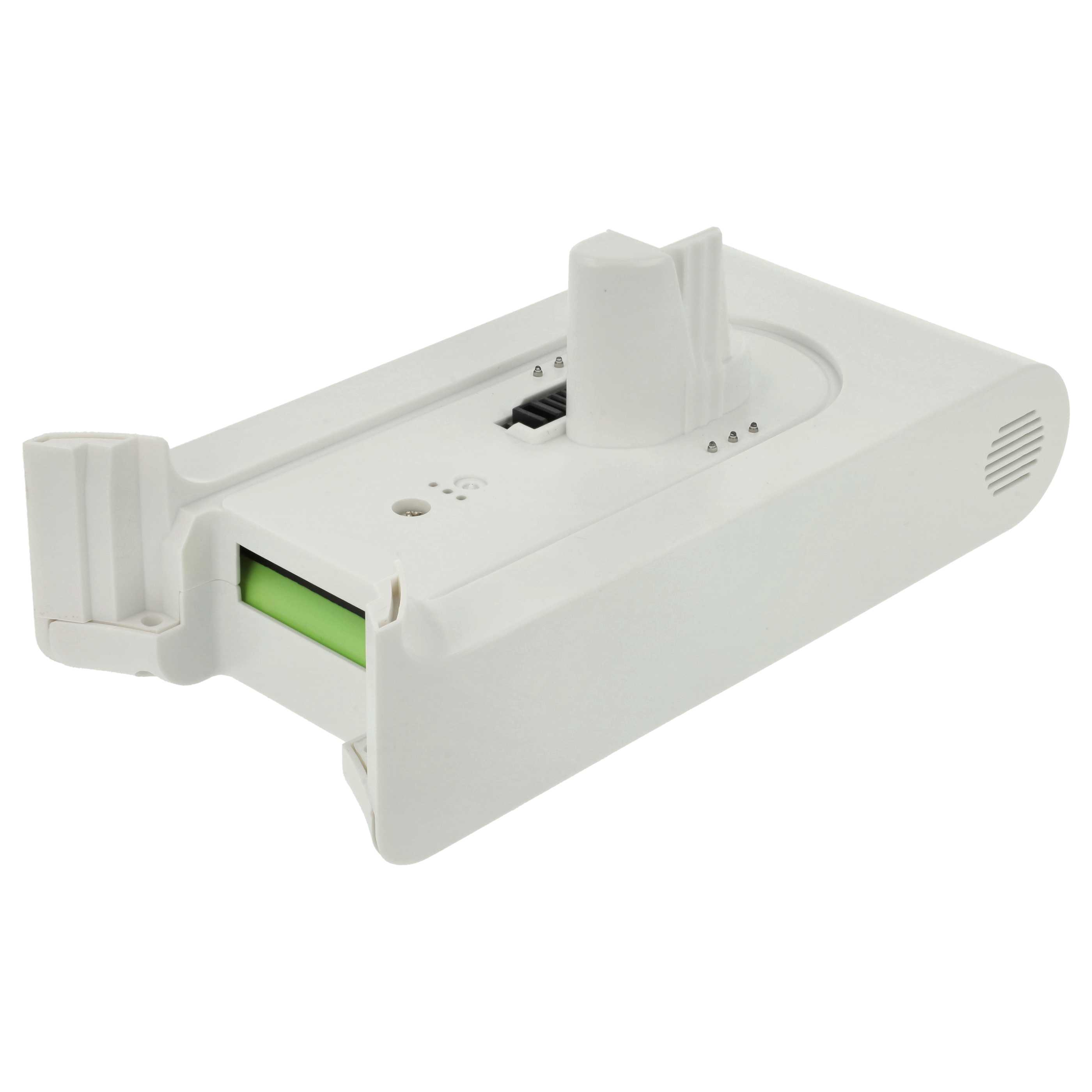 Ein weißer Staubsauger-Akkupack mit einer grünen Batterie im Inneren. Er hat eine zylindrische Oberseite und ein Lüftungsgitter.