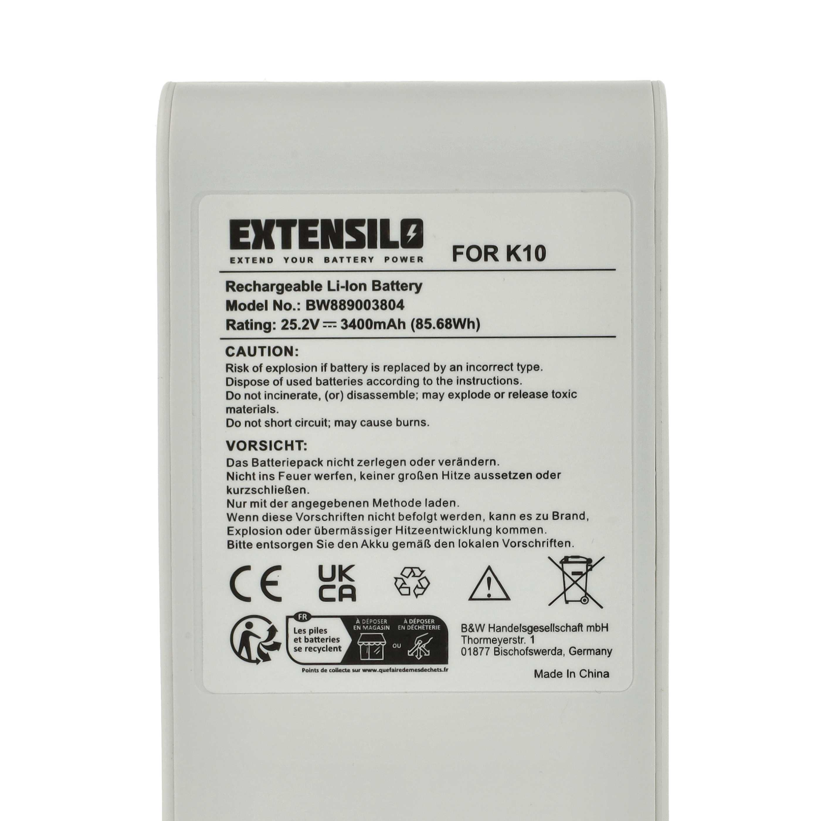 Ein weißes Akkupack mit schwarzem Text. Es hat das 'EXTENSILO'-Logo und Warnungen. Der Akku ist für das K10-Modell.